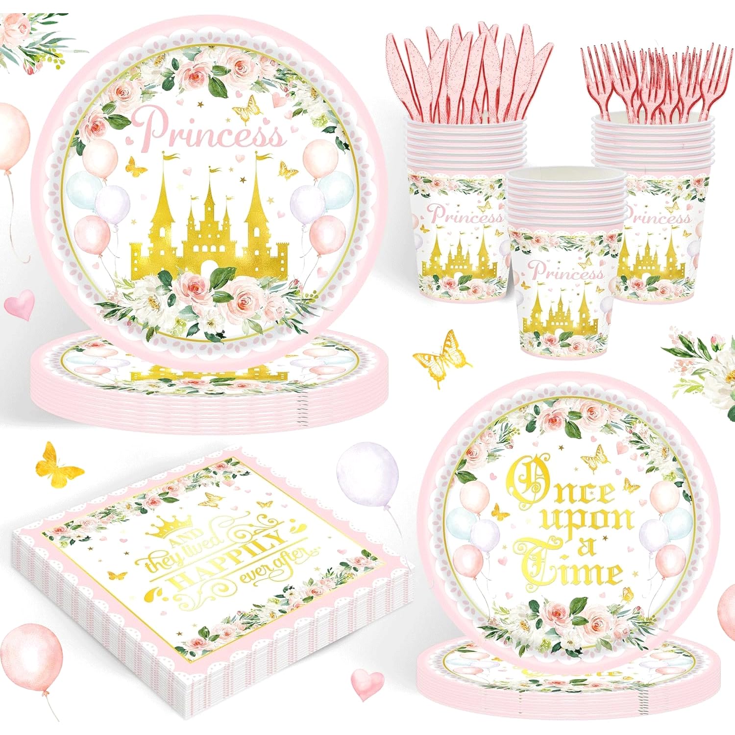 120PCS Princess Party Supplies for Girls Kids Baby Shower 1st Birthday Fairytale Castle Themed Party Decorations Once Upon A Time Tableware Set Plates Napkins Cups Set for 20 Guests