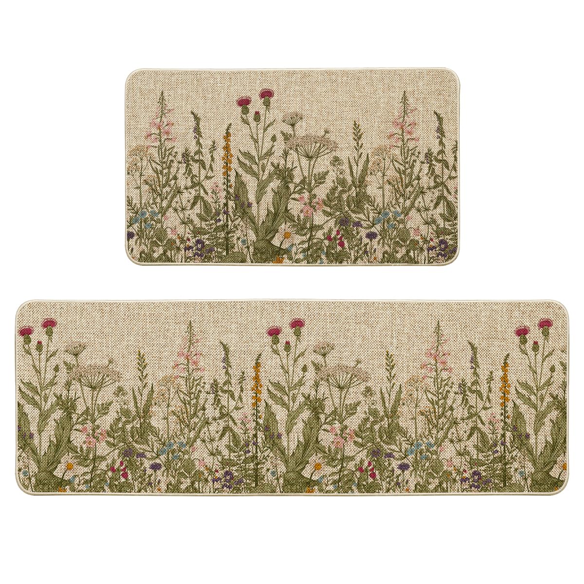 Artoid Mode Wildflower Spring Floral Kitchen Mats Set of 2, Flowers Summer Holiday Party Low-Profile Floor Mat for Home Kitchen - 17x29 and 17x47 Inch