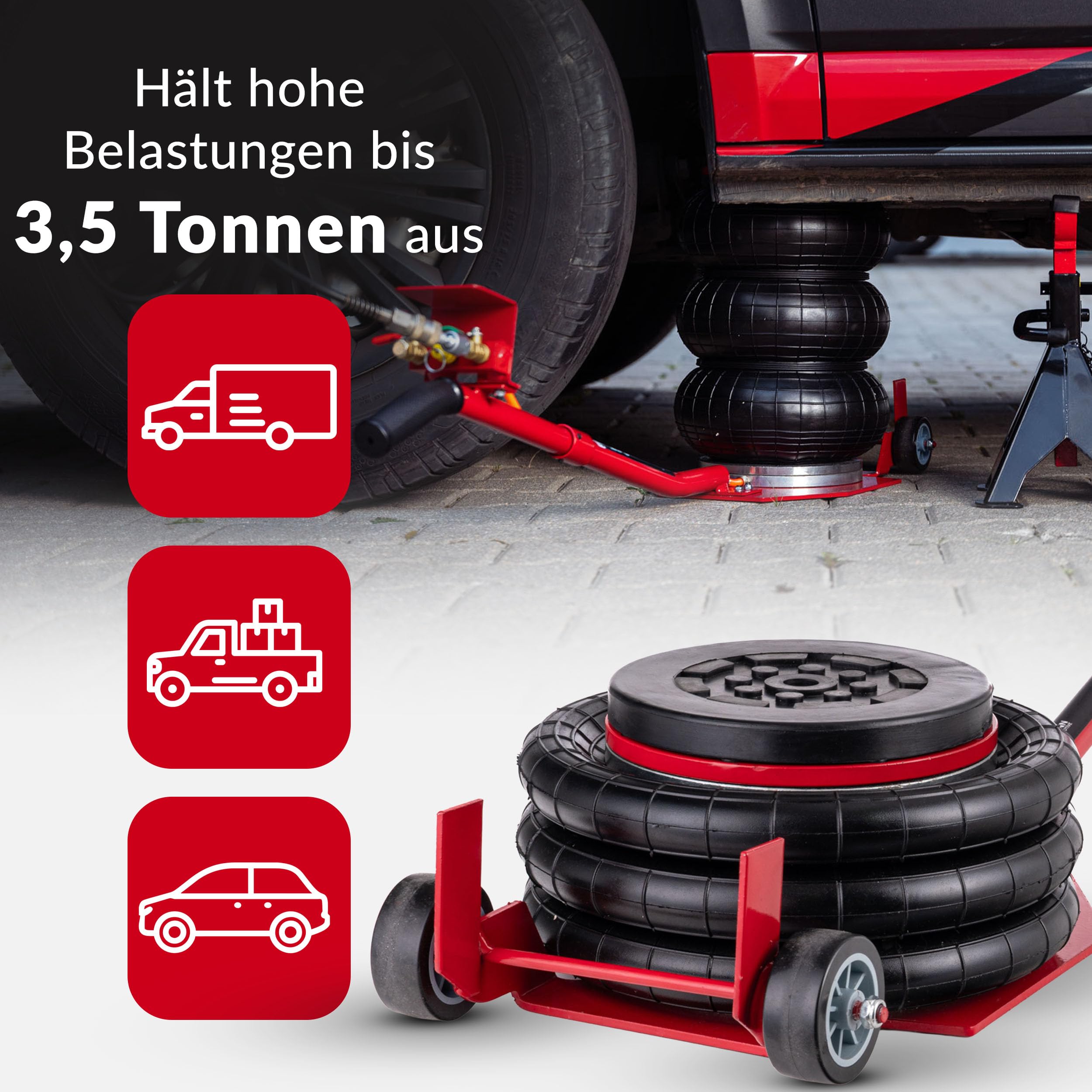 LEHMANN Pneumatischer Wagenheber 3,5T - Luftwagenheber mit Gummiauflage, Transportrollen und Sicherheitsventil - Höhenverstellbar 150-400 mm - für PKW, SUV und Vans bis 3500 kg