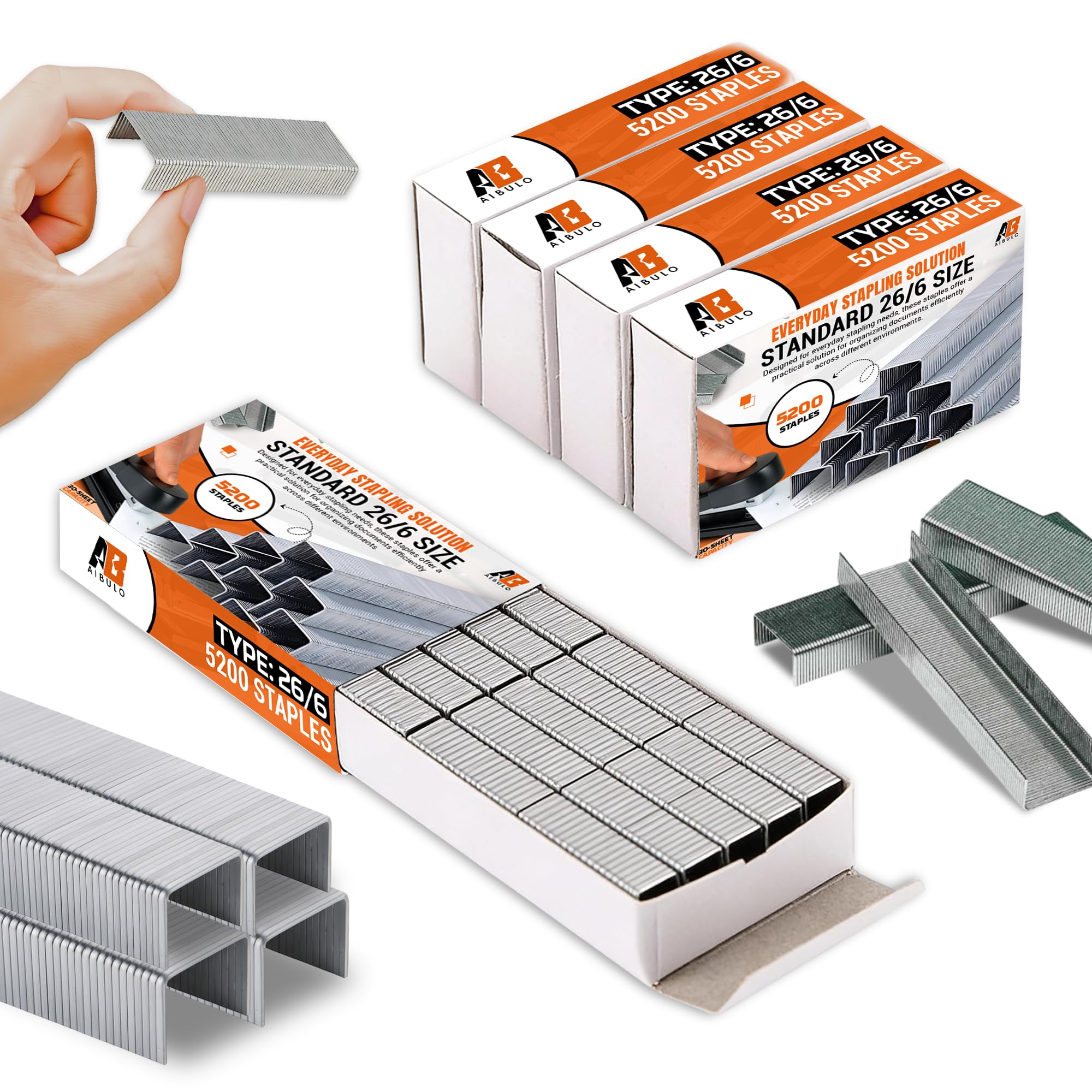 AIBULO 5-Pack 26/6 Staples (26,000 Total) – Standard Office Staples for Desktop Staplers, 30-Sheet Capacity – Smooth Stapling for School, Home, Stationery Supplies & Office Organisation