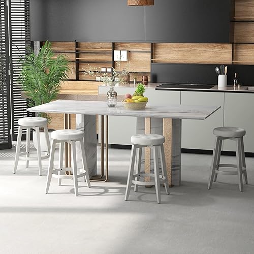 Miniatura 2 de COSTWAY Juego de 4 taburetes de bar giratorios de 360, sillas de bar tapizadas de madera de goma vintage de 26 pulgadas de altura con reposapiés,