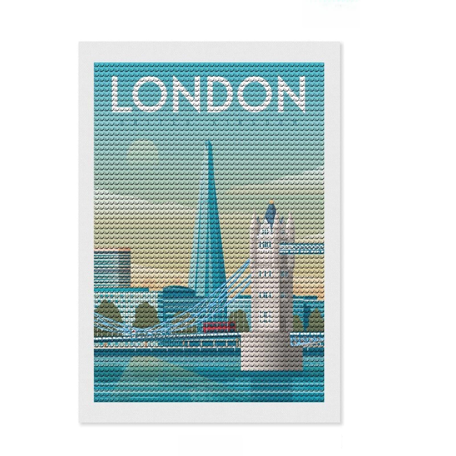 Junmoney London Travel DIY Diamond Art Canvas Kit 8"x12", for Teens, Pleasing Wall Art Project, Aesthetic Room Decor, Christmas Gift