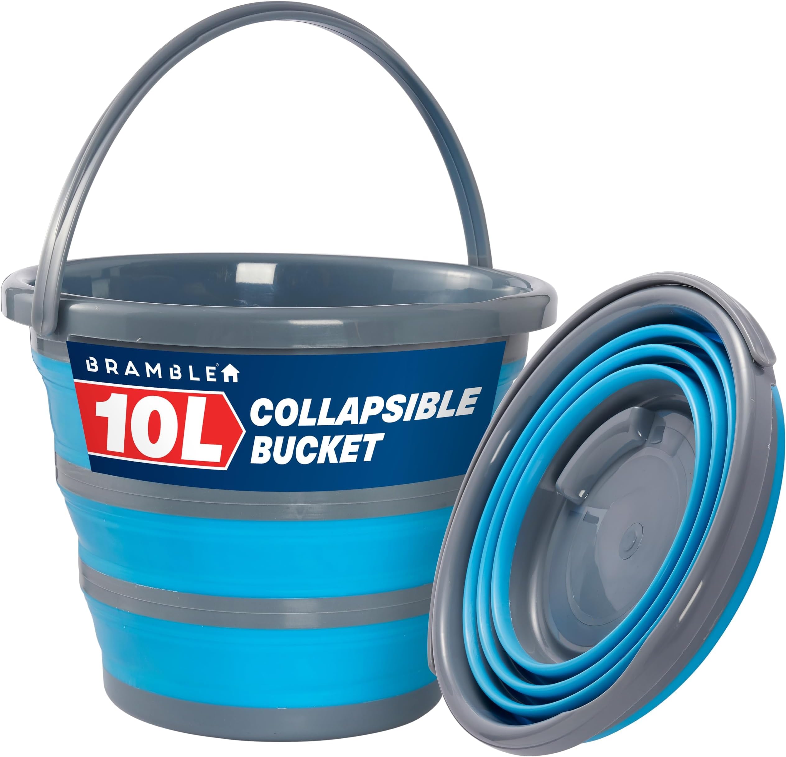 BRAMBLE 10 Litre Collapsible Bucket Portable Cleaning Fishing Camping Silicon, Space Saving Design for Home & Outdoors - Flattens to 5cm - Blue/Grey
