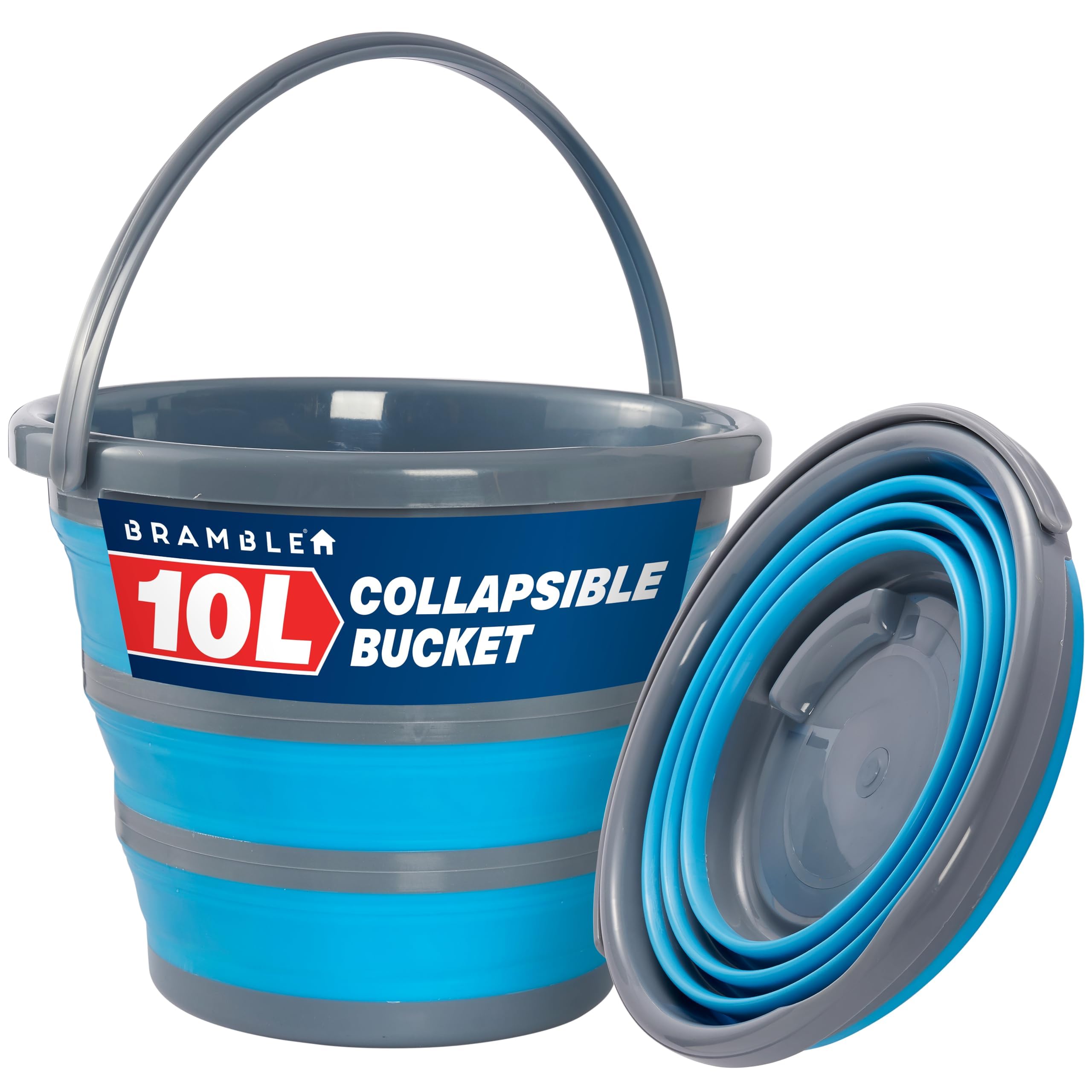 Bramble - 10L Collapsible Bucket, Foldable Space-Saving Silicone, Blue/Grey