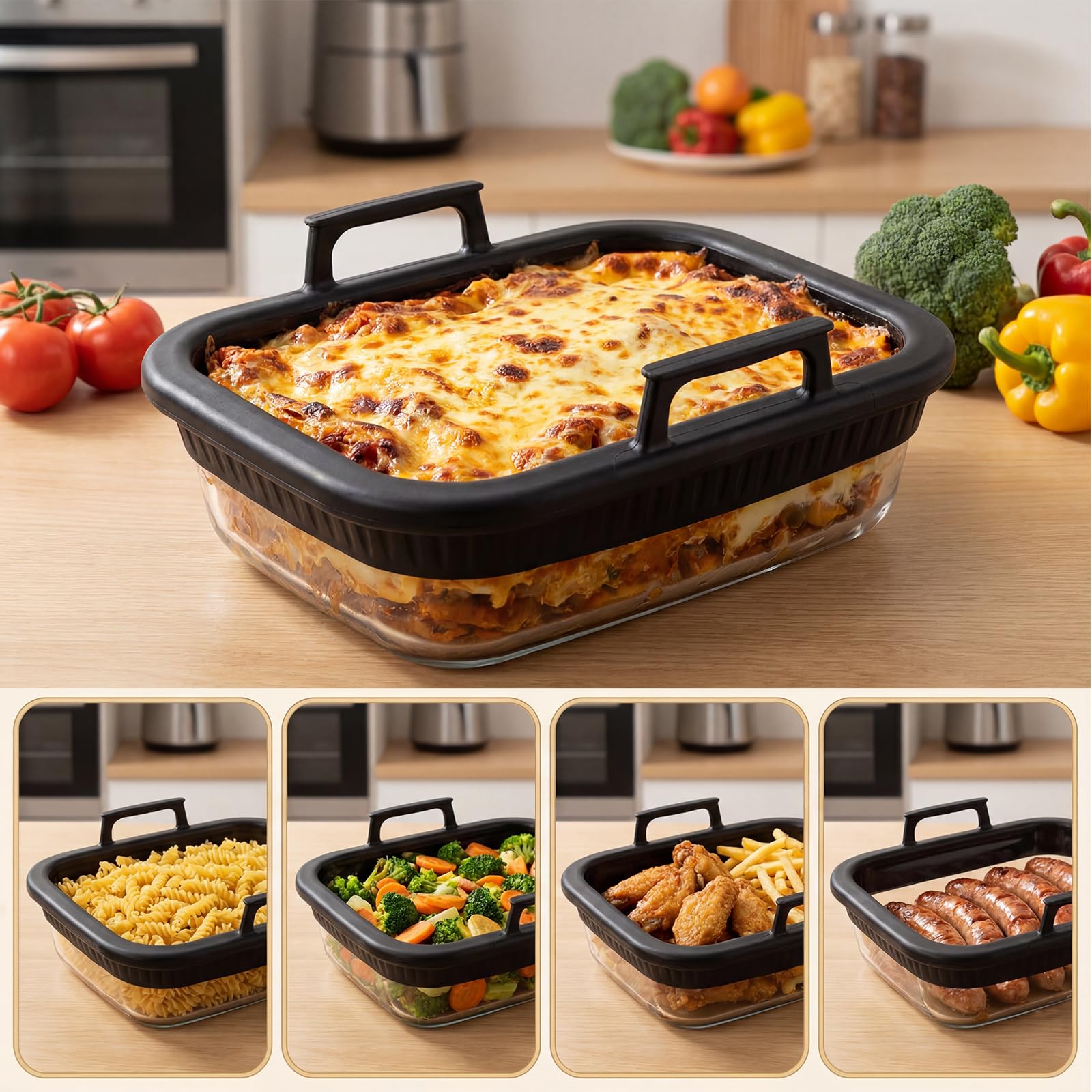 2 Pezzi Teglia Vetro da Forno per Friggitrice ad Aria Ninja AF400EU/AF500EU/SL400EU COSORI a 2 scomparti, Teglia in Vetro con manici in silicone, accessori in vetro, senza BPA, resistenti al calore