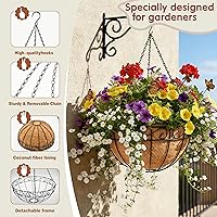 Vista 6 de Cestas colgantes de metal de 14 pulgadas para plantas al aire libre, paquete de 4, cestas colgantes redondas de alambre de metal con revestimiento