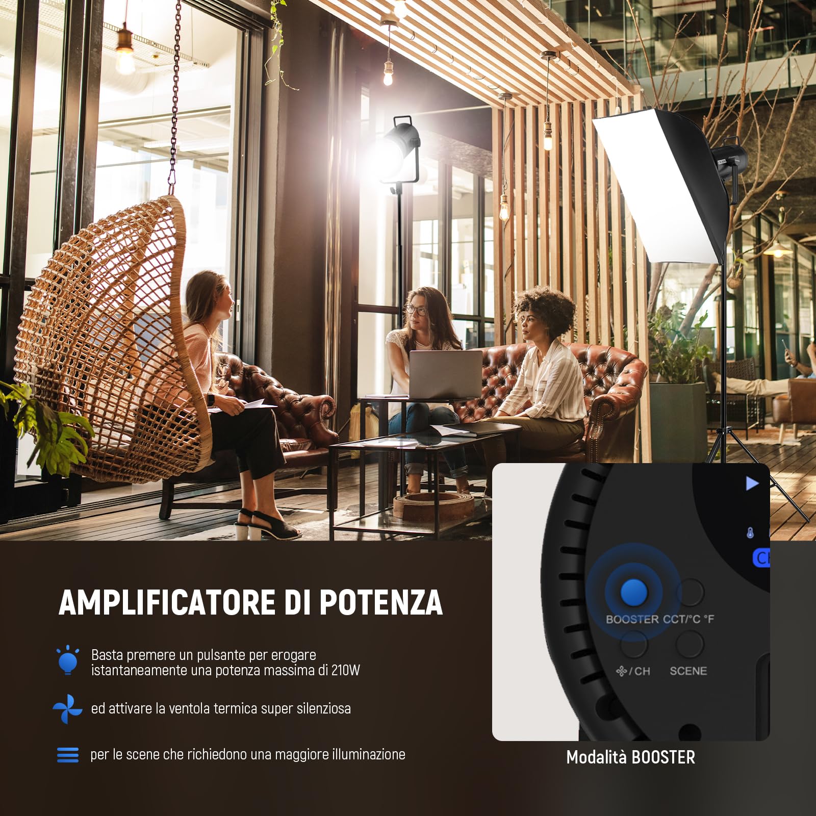 NEEWER CB200 210W Luce Video a LED con Controllo 2,4G/App, Illuminazione Continua COB a Luce Diurna da 5600K per Fotografia con 98500lux/m, CRI97+/TLCI97+, 9 Scene, Dimmerazione PWM, Attacco Bowens