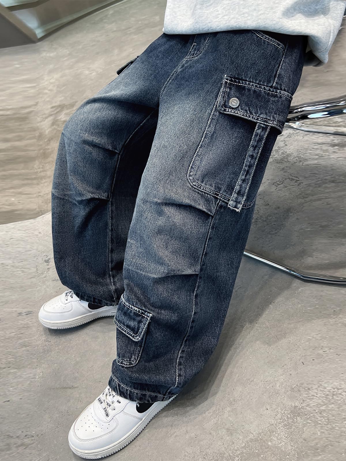 Rolanko Jeans Larges Garçons, Jogger Cargo en Denim à Jambe Évasée avec Multiples Poches, Pantalon à Taille Élastique pour Enfants