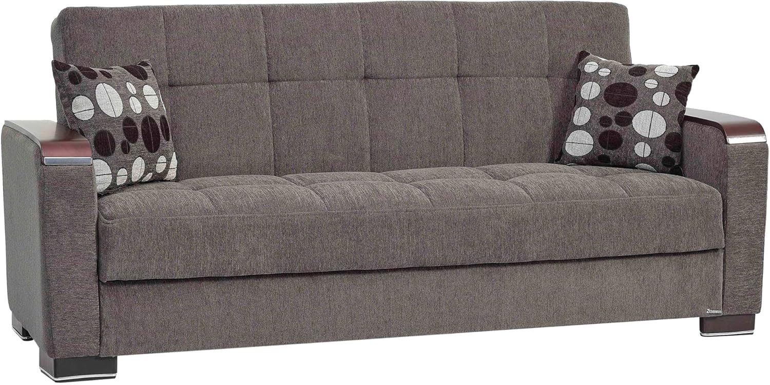 Ottomanson Convertible Sofa Bed Futon Couch with Hidden Storage & Click-Clack Sit-Sleep Conversion – Wood Trim Arm Design, Firm Support Sleeper Sofa for Living Room, Apartment & Guest Room, Brown