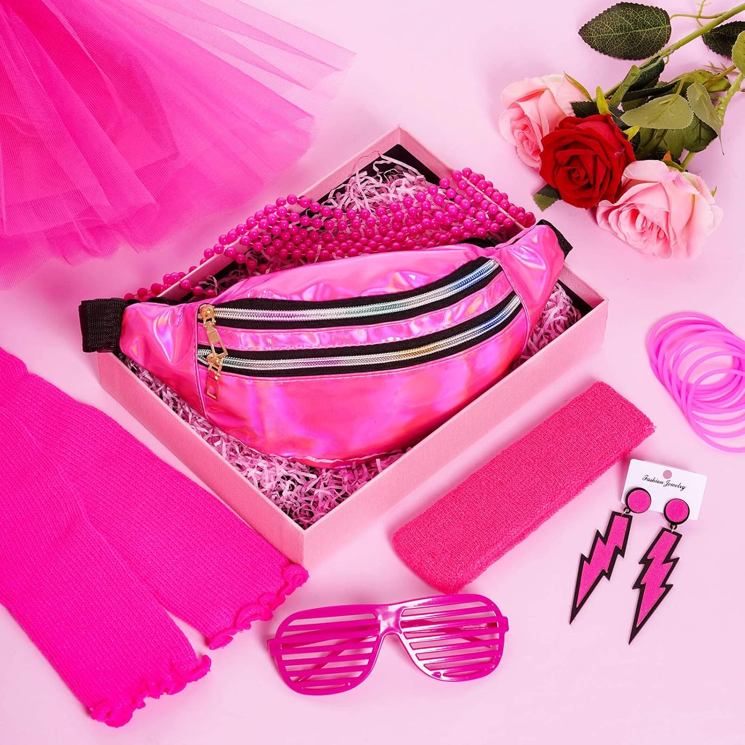 80s Costume Accessories 90s Outfits Neon Tutu Skirt Fanny Pack Headband Earring Set for 80s 90s Theme Cosplay Party Neon Glow Party Outfit (Rose Red) - Image 5