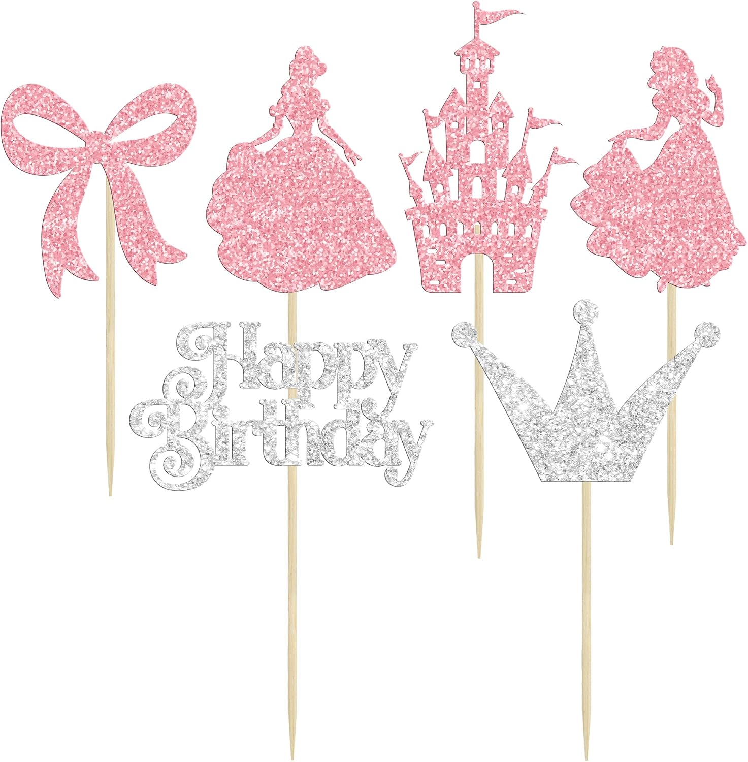 Gyufise 24Pcs Princess Cupcake Toppers Glitter Castle Bowknot Happy Birthday Cake Topper Decorations for Princess Happy Birthday Baby Shower New Year Party Supplies Pink Silver