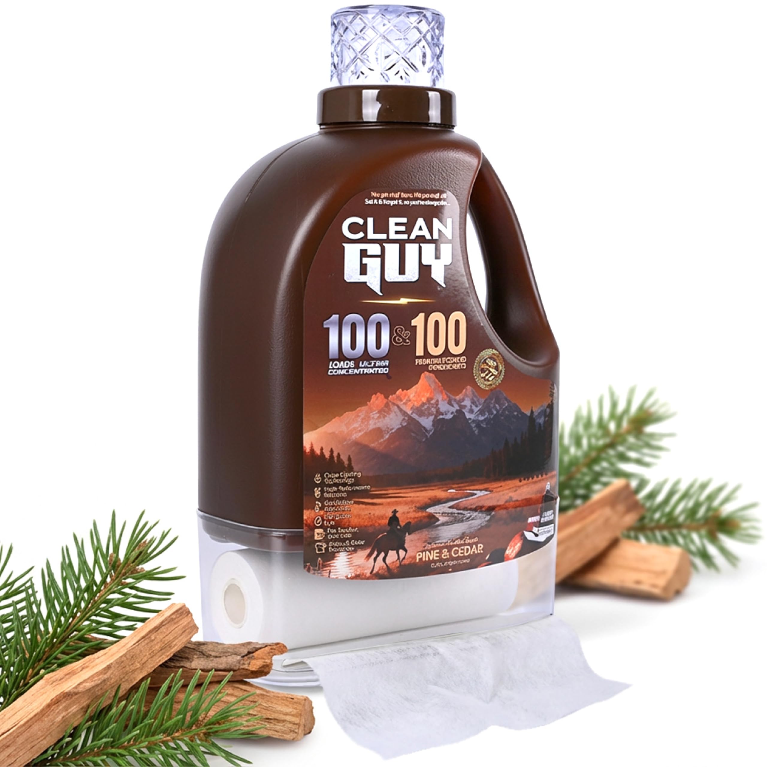 Clean Guy Laundry Detergent with Dryer Sheets Bold Wood Pine Scent Powerful Cleaning Soft Fresh Finish Long-Lasting Aroma