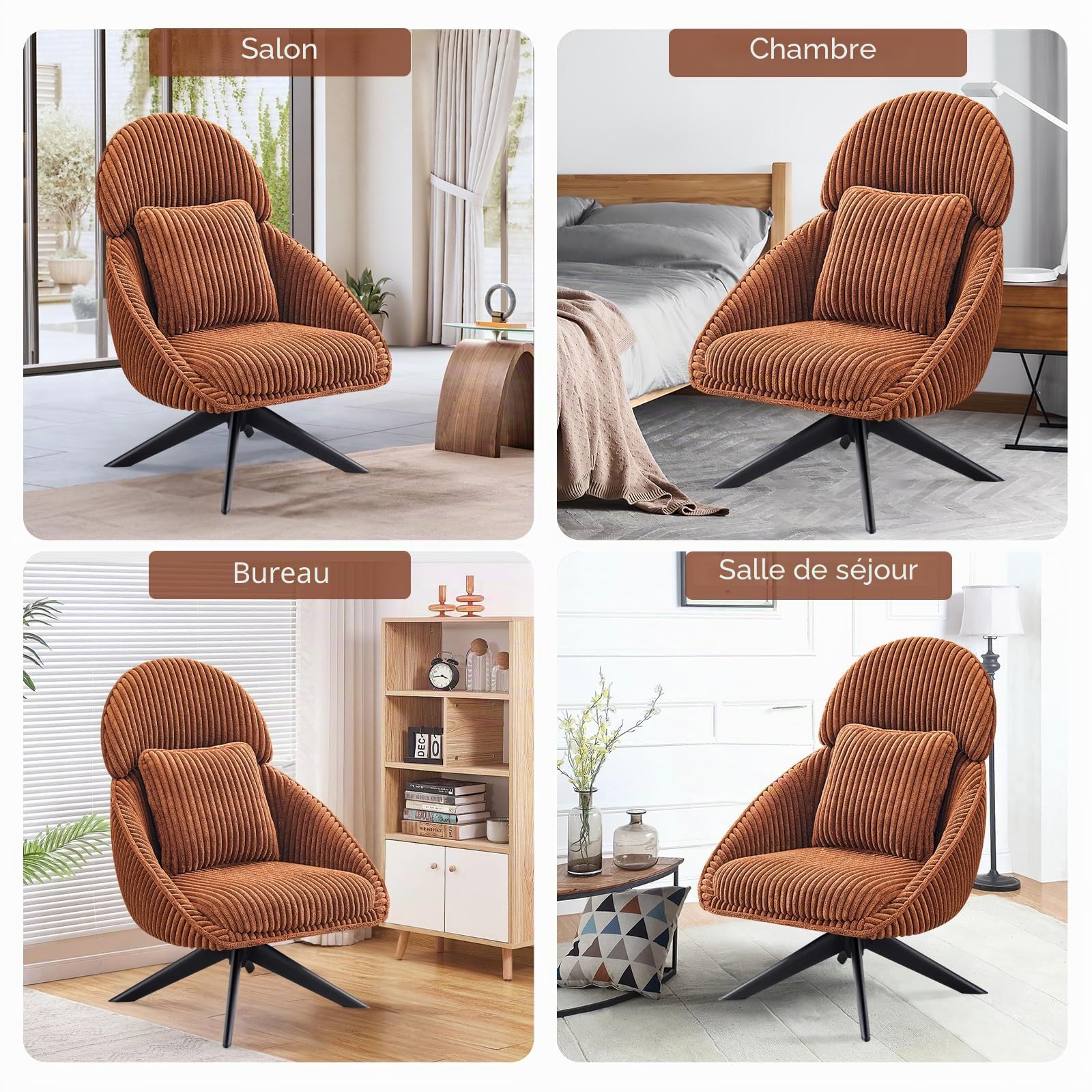 Fauteuil Salon Relax Pivotant à 360°, Fauteuil Rembourré Chambre à Coucher avec Coussin épais Amovible, Fauteuil de Bureau Fauteuil de Lecture pour Salon Chambre à Coucher Bureau, Orange