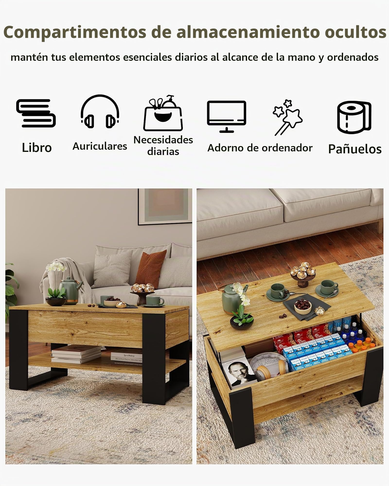 Mesa de Centro Elevable 45-62cm, Coffee Table con Luz LED, Mesas Auxiliares para Salon 92x50cm, Mesa de Centro Madera Roble, Muebles de Salon con Patas Negras U