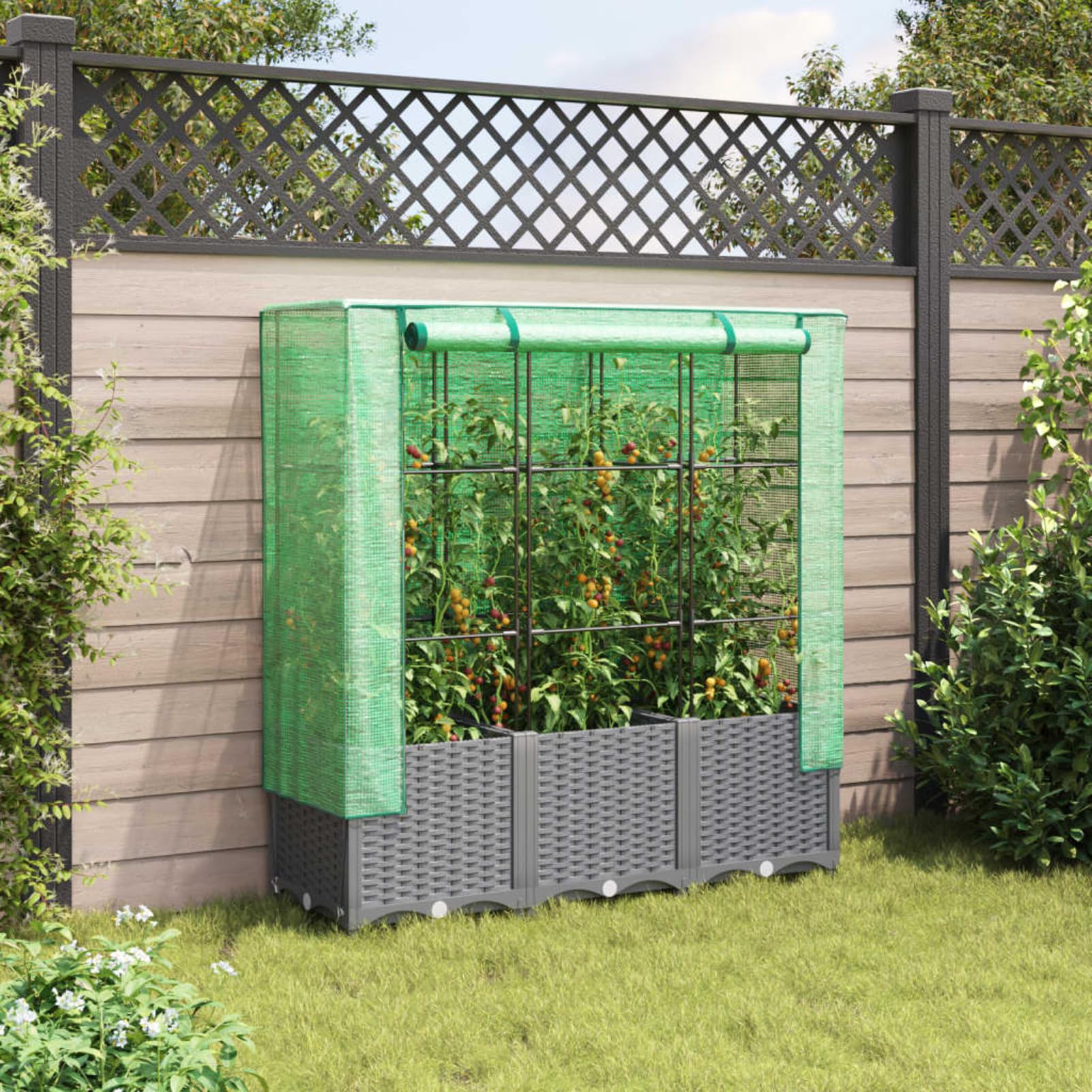 Homgoday Hochbeet mit Gewächshaus-Aufsatz Pflanzkasten Gemüsebeet Blumenbeet Blumenkasten Gartenbeet Pflanzbeet Frühbeet für Balkon Garten Terrasse Rattan-Optik 120x40x138 cm Hellgrau