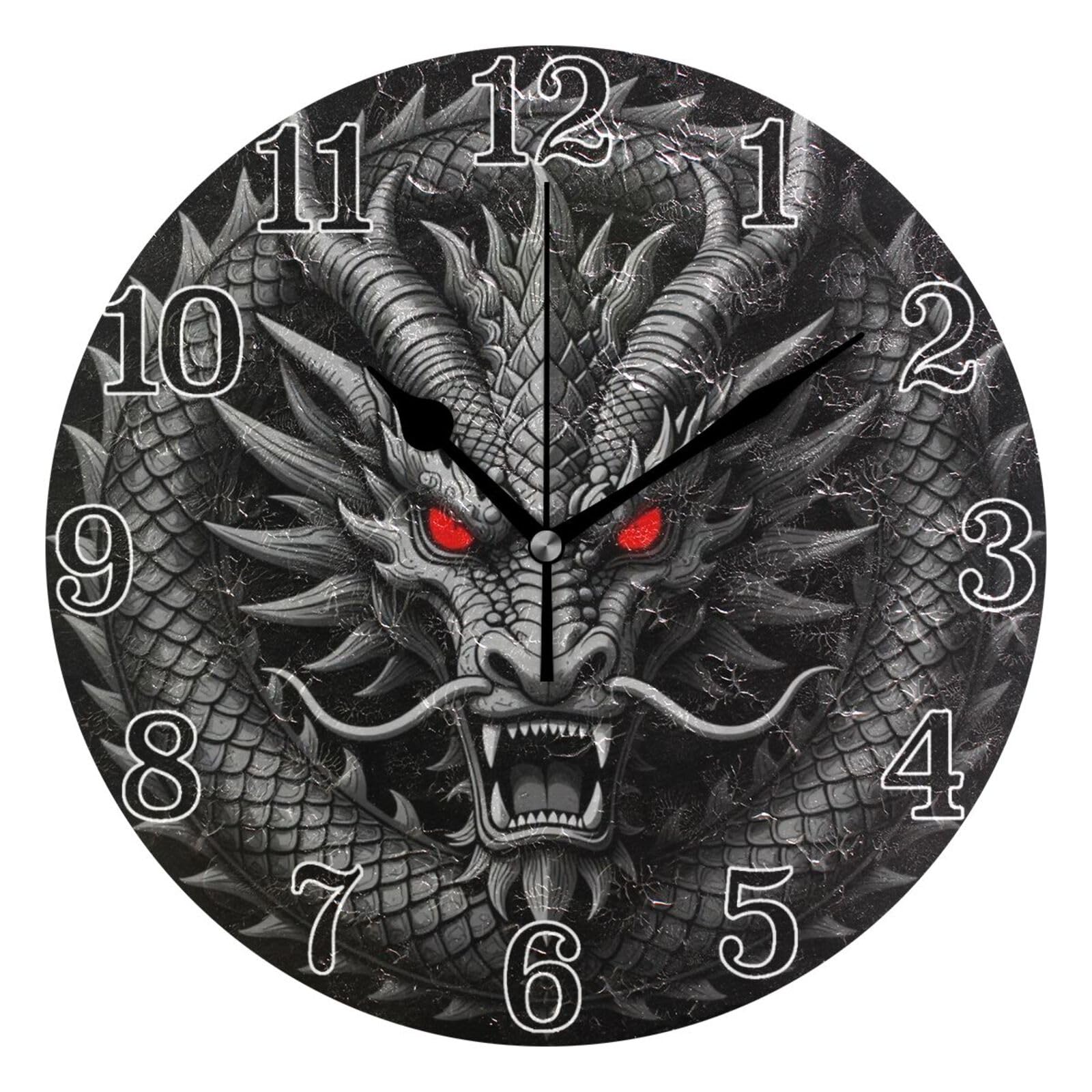 Horloge murale ronde dragon noir silencieuse pour dormir sans aucun bruit