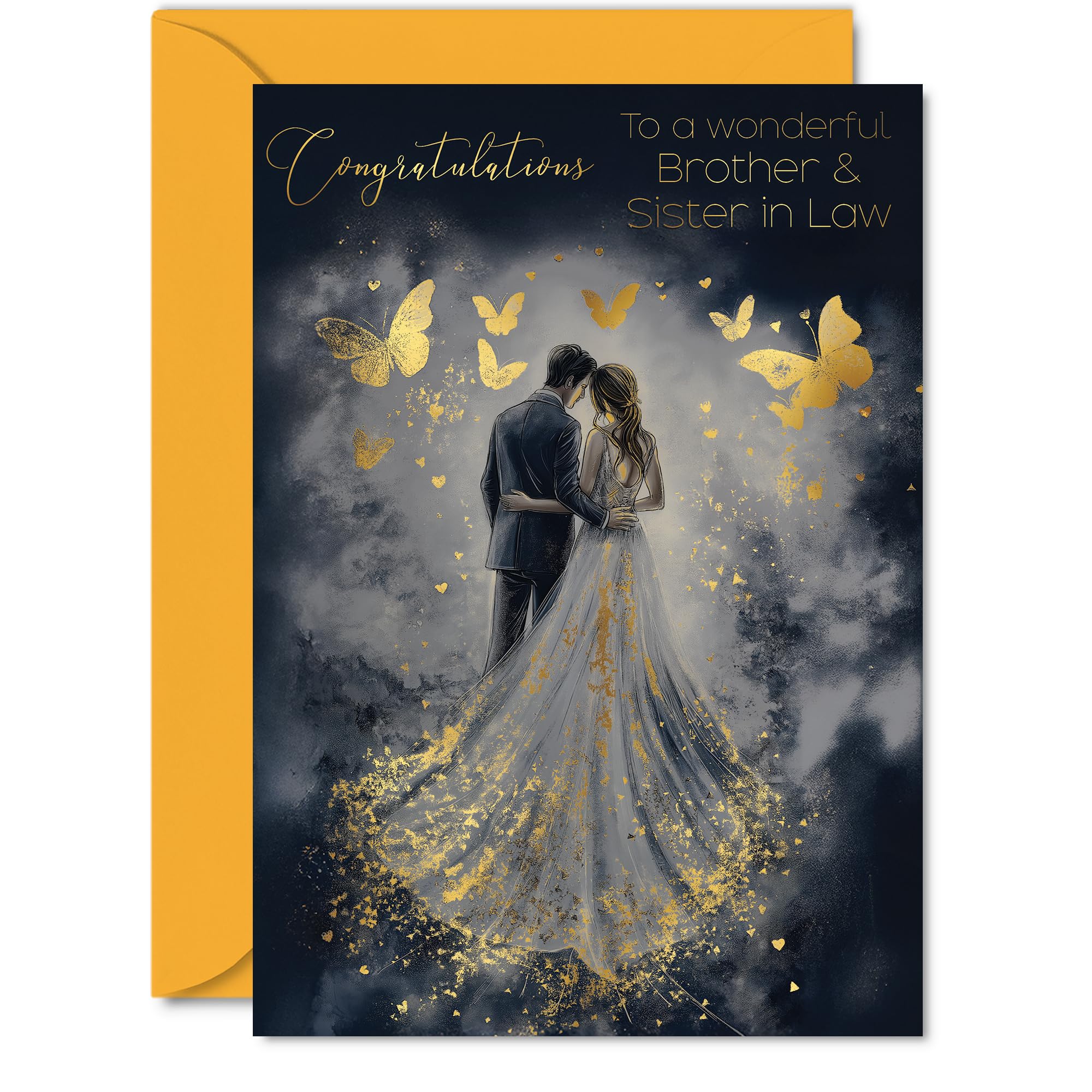 Brother & Sister in Law Wedding Card - Gold Butterflies Happy Couple - Golden Marriage Congratulations Card from Sister Brother in Law, A5 Butterfly Well Done Congrats Gifts Greeting Cards