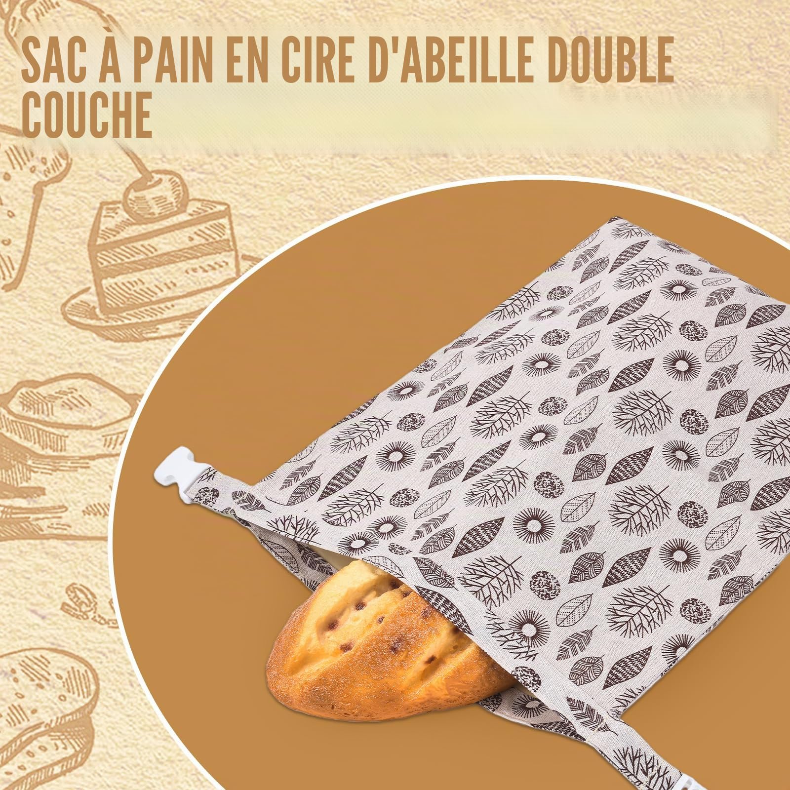 Lot de 2 sacs à pain en cire d'abeille, 43 x 33 cm, réutilisables, en coton, avec cire d'abeille et lin, pour pain fait maison et pâtisseries
