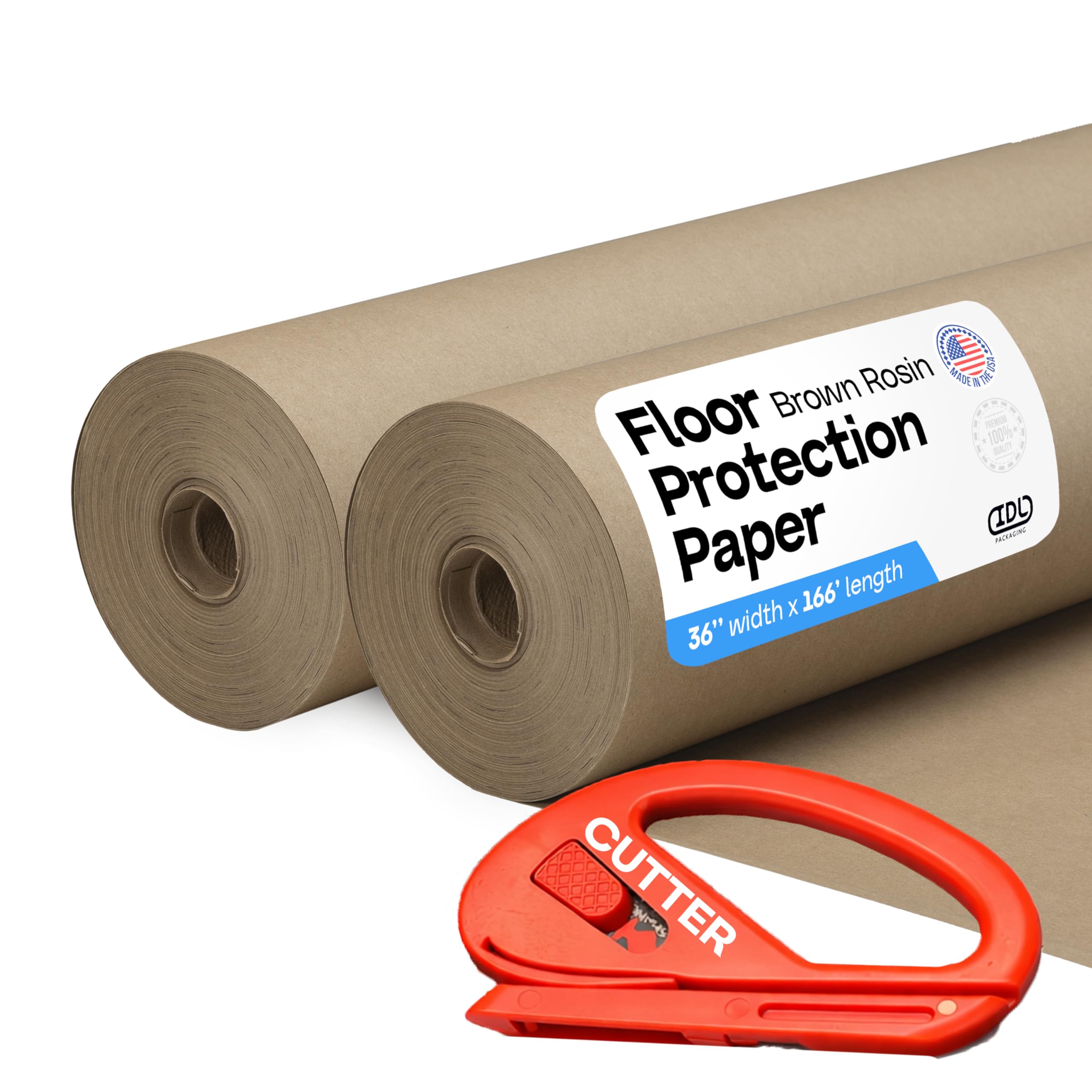 Brown Rosin Masking Paper 36" x 166 feet, 2 Rolls + 1 Cutter – Thick Floor Covering (66 lbs, 996 sq.ft. total) - USA-Made Masking Paper for Painting &amp; Construction, Surface Protection by IDL Packaging
