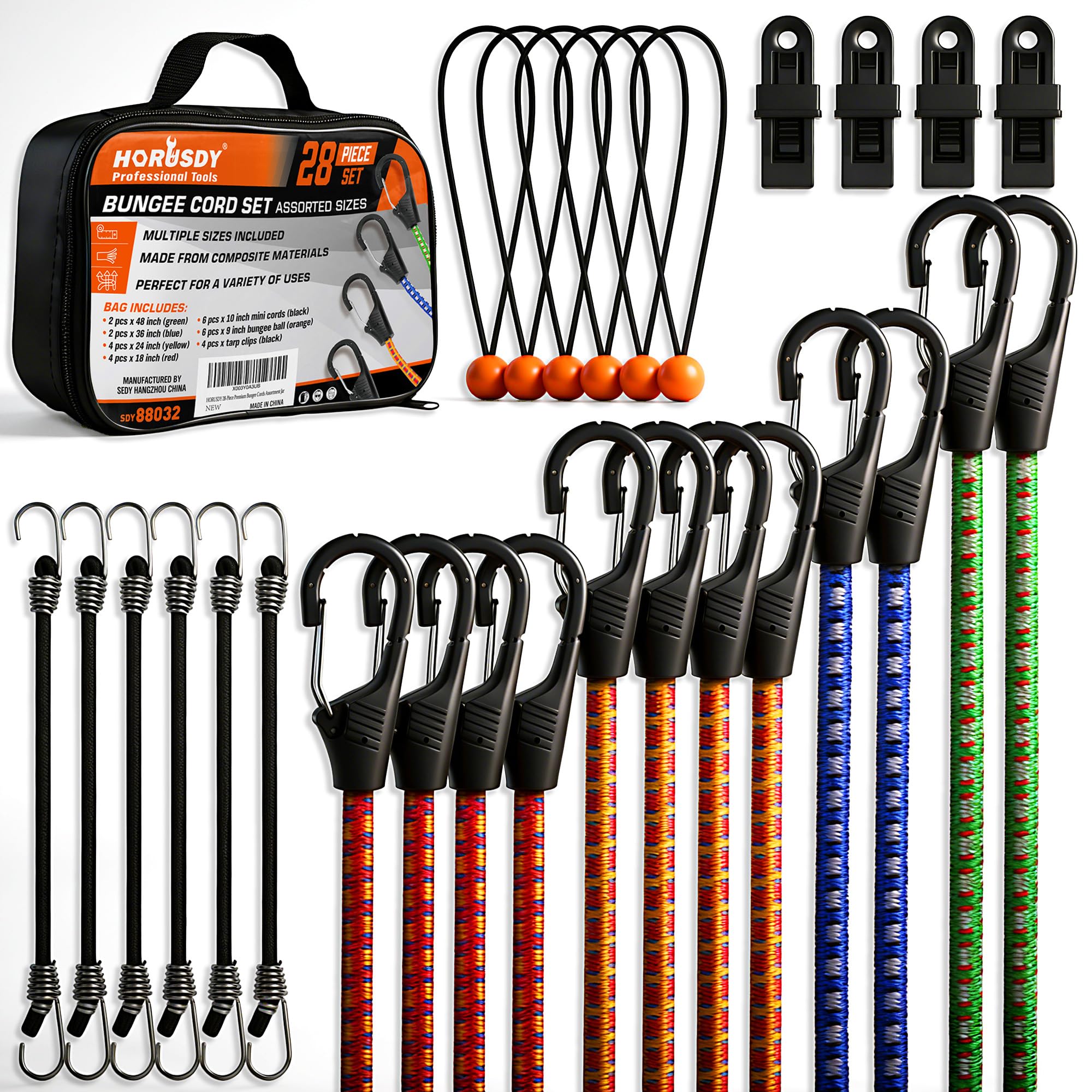 28-Piece Premium Bungee Cords with Hooks, Includes 10”, 18”, 24”, 36”, 48”, Bungee Cord Assortment (10 to 48 Inch)