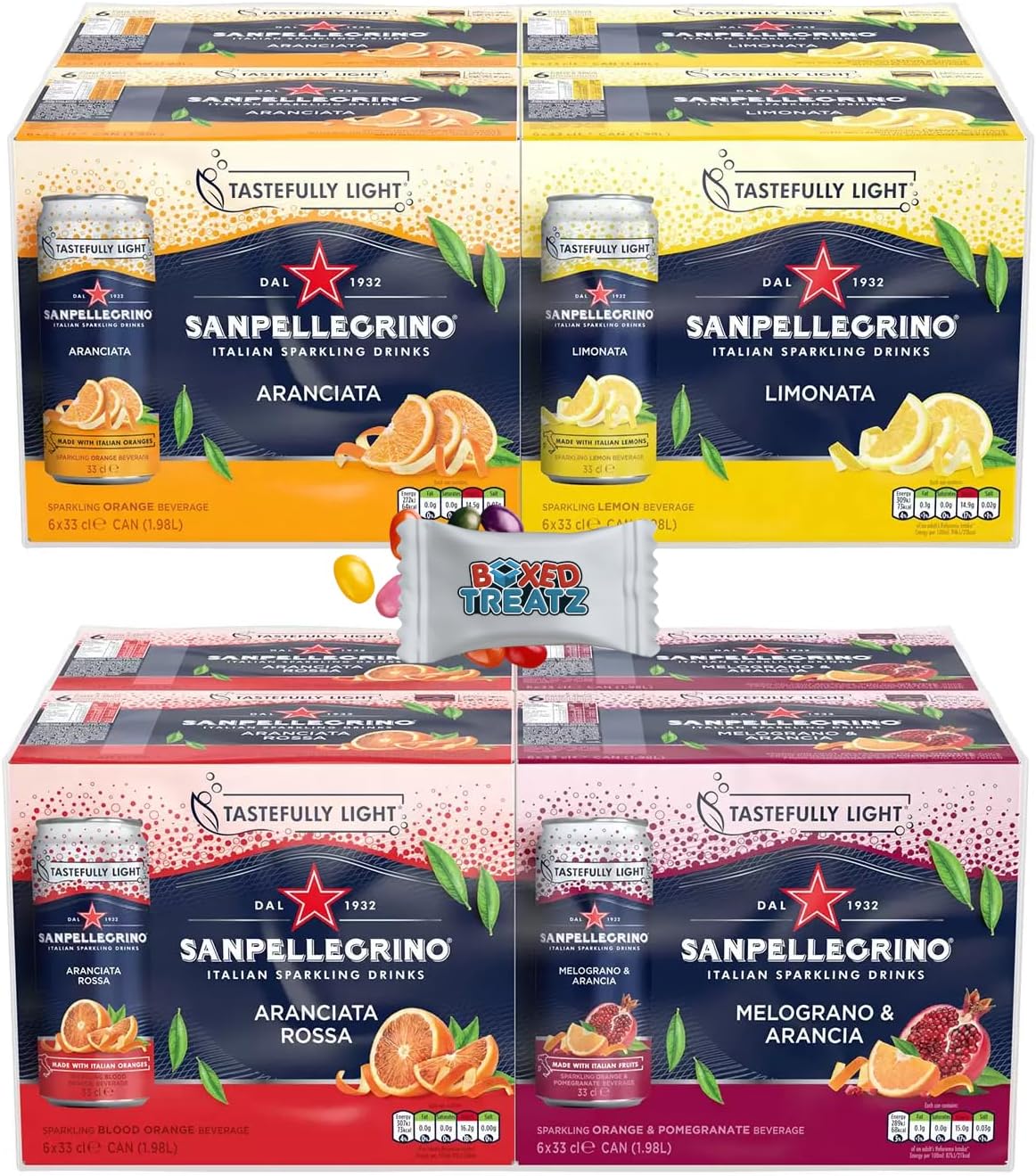 Fizzy Soft Drink Variety Pack - 48 Cans, 330ml Each - Lemon, Orange, Blood Orang, Orange & Pomegrante - Authentic Italian Flavors Boxed Treatz