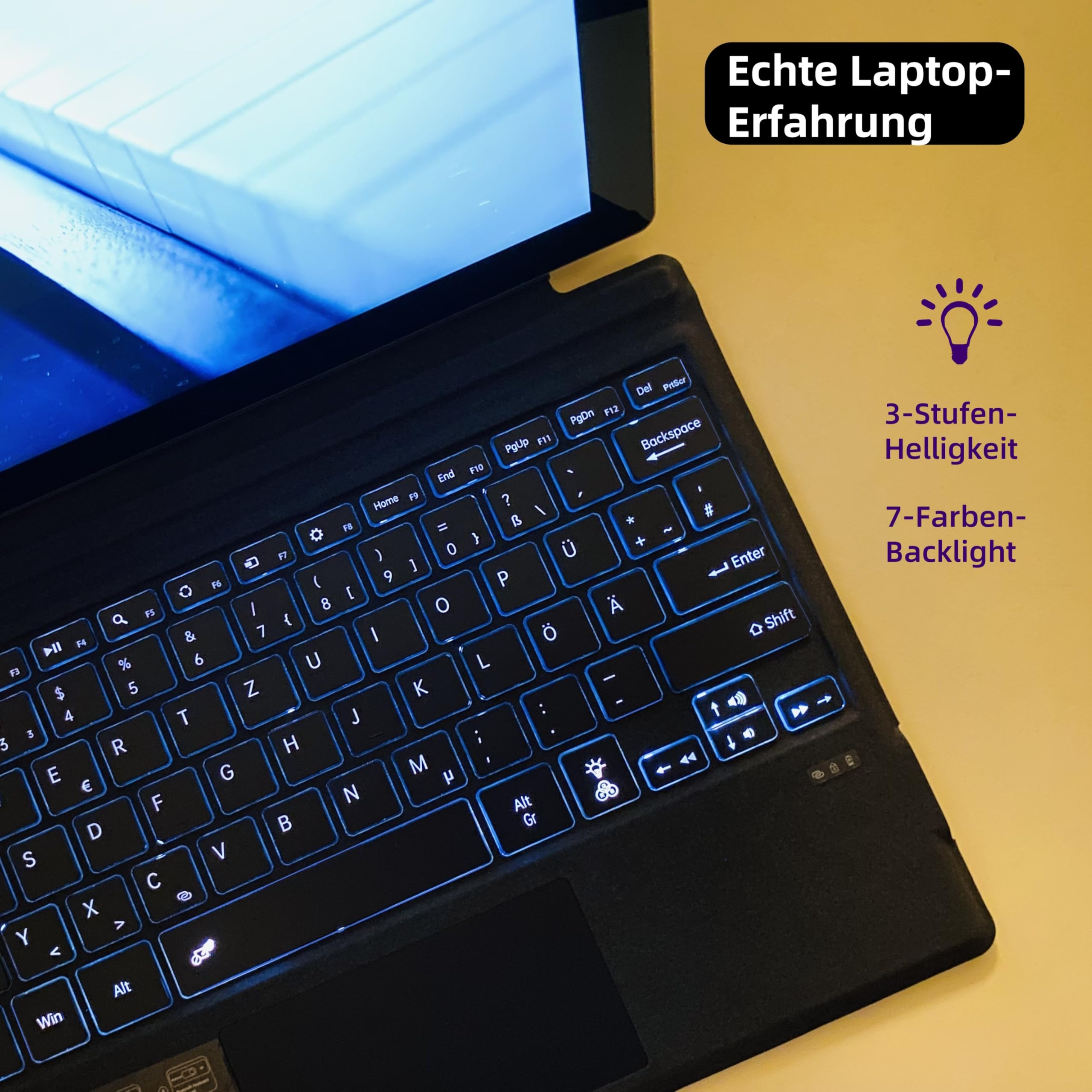 Deutsche QWERTZ Layout Tastatur für Microsoft Surface Pro 11/10 / 9/8 / X, 13 Zoll - Ultraflaches, beleuchtetes Bluetooth Type Cover mit Multi-Touchpad, aufladbar (Schwarz)