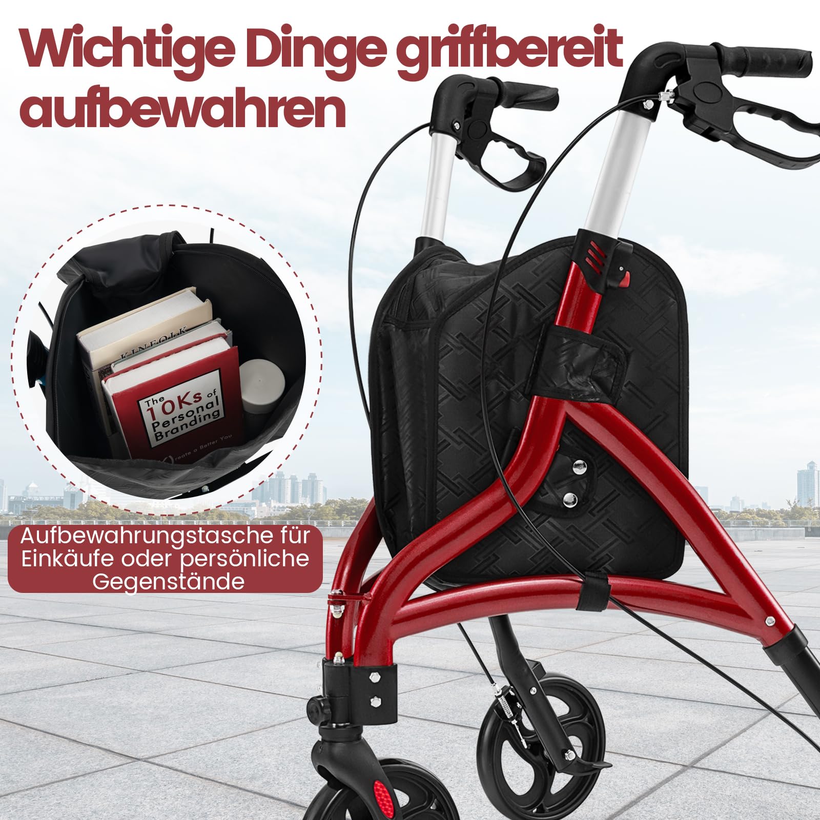 COSTWAY Rollator schmal für Wohnung, Dreirad, faltbar und leicht, Gehhilfe 6-fach höhenverstellbar, Gehwagen mit Tasche & Bremse, Aluminiumrahmen, klappbar für Senioren & Erwachsene (Rot)