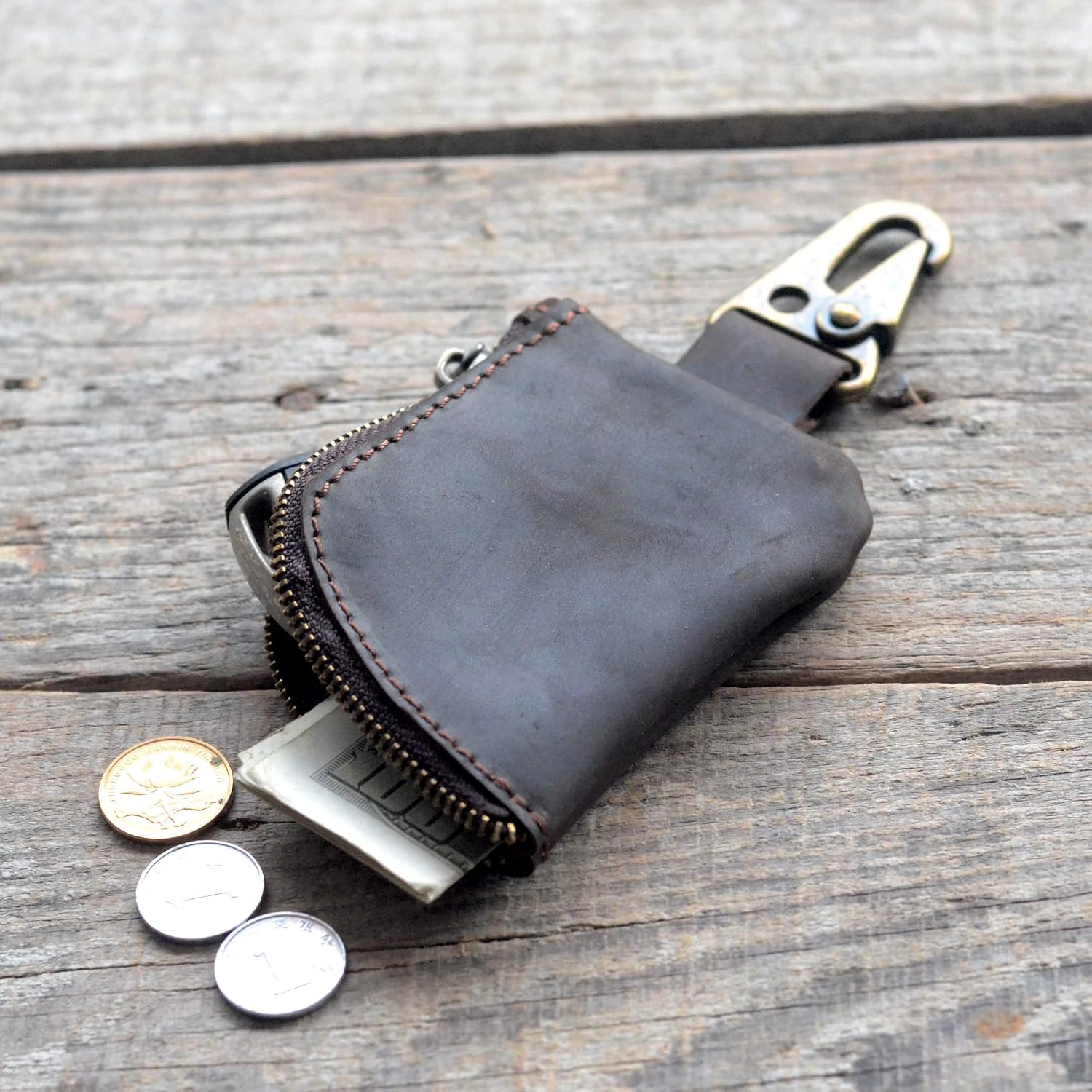 JJNUSA Genuine Leather Zipper Coin Purse Wallet With Key Car Smart, Change Purse, Coin Pouch Holder For Men Dark Brown image 5