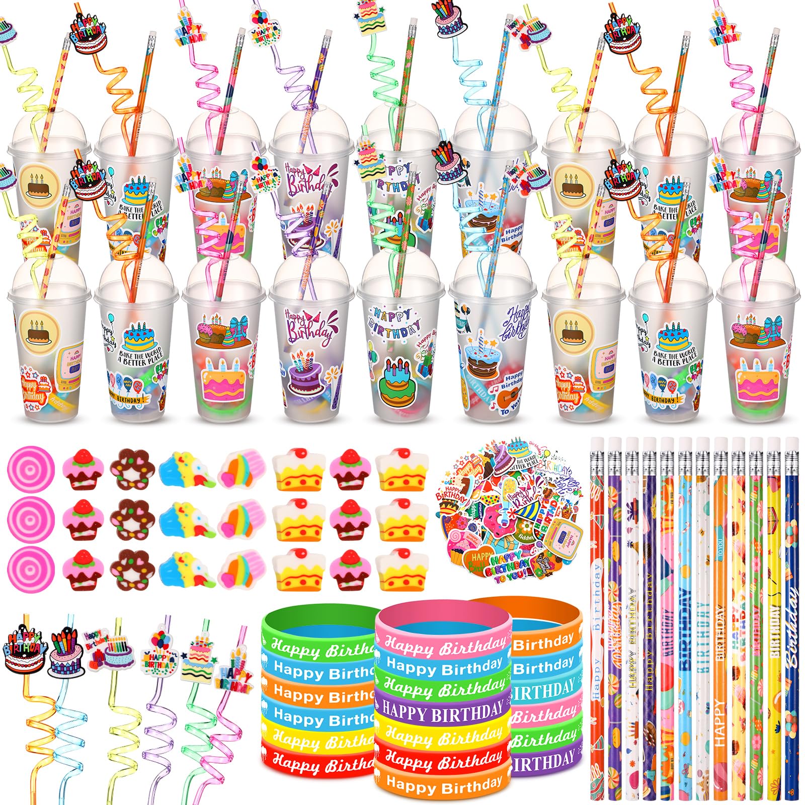 Baderke 24 Sets Birthday Gifts Party Favors Set Include Reusable Cups with Dome Lids Straw Christmas Decoration Pencil Heart Eraser Silicone Bracelet