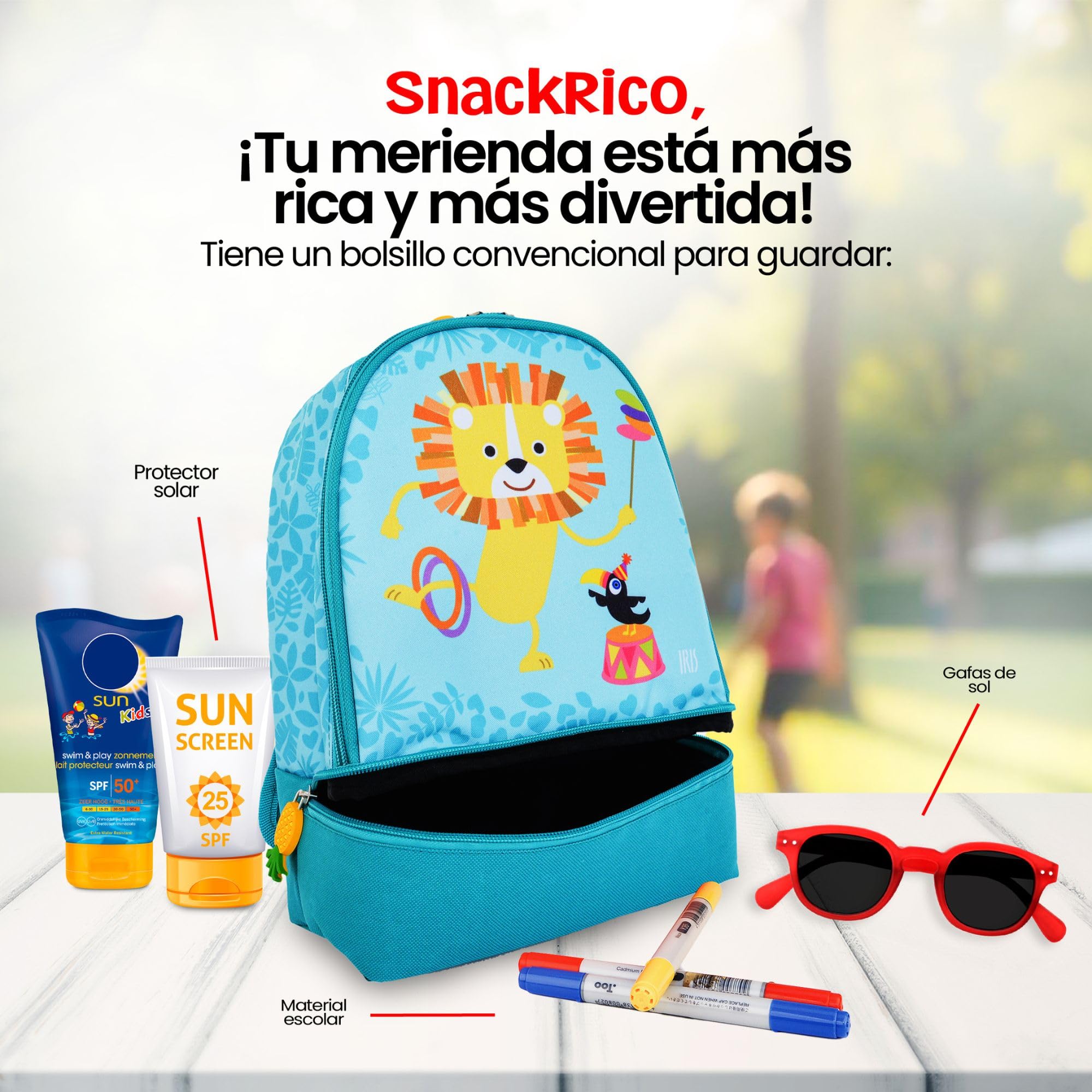 Iris Barcelona Mochila Infantil 2 en 1 con Nevera Termoinsulada – Diseño de León – Bolsa de Almuerzo para Niños con Asa Ajustable y Llavero – Ideal para Guardería, Excursiones, Playa y Vuelta al Cole