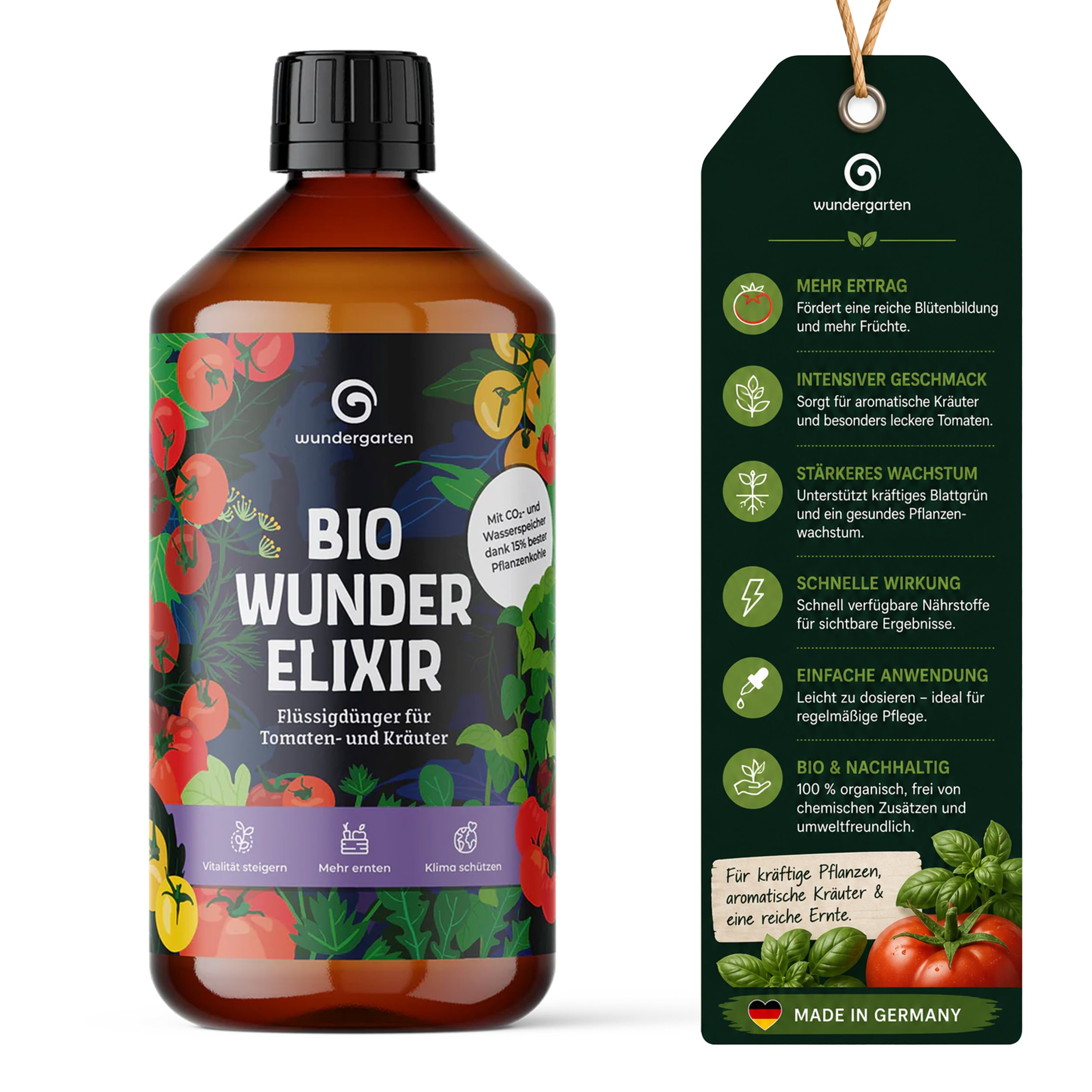1x 500ml Bio Flüssigdünger für Tomaten & Kräuter – Wundergarten Wunderelixier – Mit Pflanzenkohle – Organischer Tomatendünger – aromatische Ernte & gesundes Wachstum – Balkon, Hochbeet & Garten
