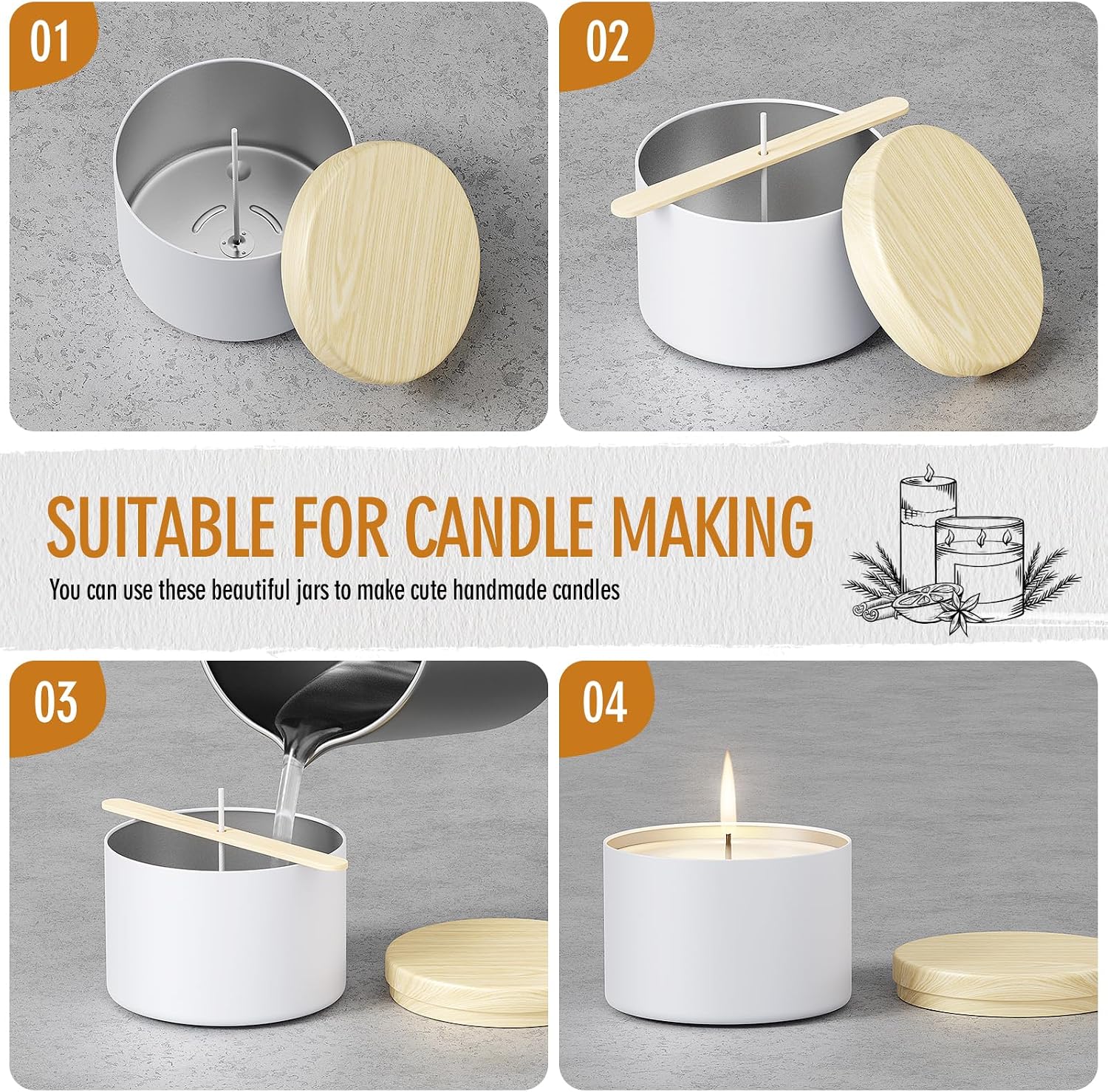 24 Pack 4oz Empty Candle Tins with Lids for Candle Making, Matte White Metal Jars with Wood Grain Lids, Leak-Proof Round Containers for DIY Crafts, Home Decor, and Small Business Wholesale image 5