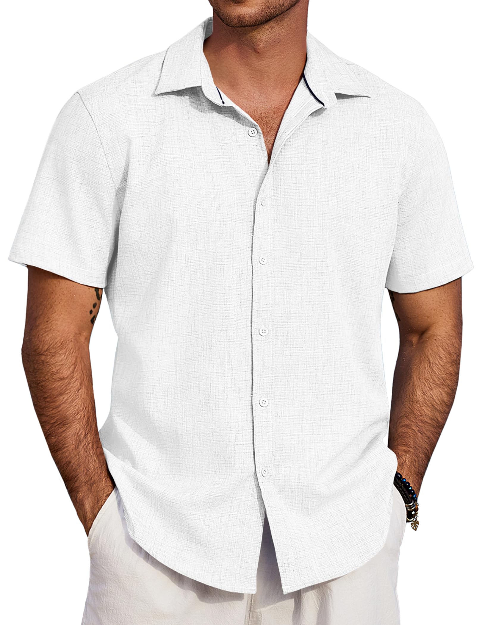 COOFANDY Mens Beach Summer Shirts Linen Texture Shirts Short Sleeve Casual Button Down Shirt