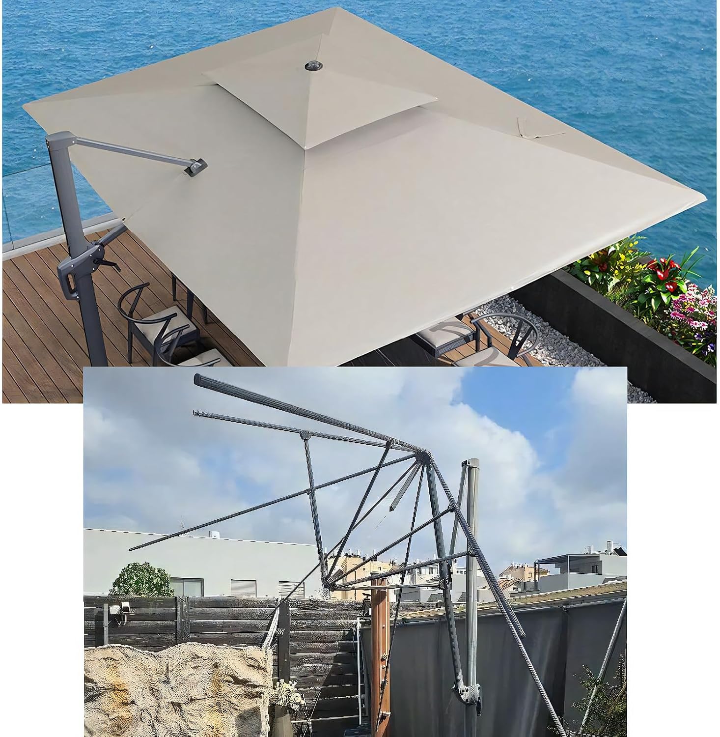 10 x10 ft Patio Umbrella Replacement Canopy for 8 Ribs, Dual-Tier Square Cantilever Replacement Top Cover, Outdoor Market Umbrella Replacement Cloth (Canopy Only)