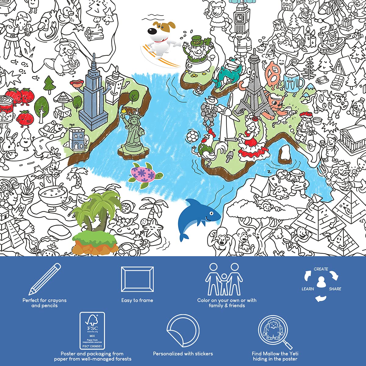 YETI BLANK DESIGNS - Poster Géant à Colorier avec 70+ stickers - Atlas Carte du Monde - XL (100x70cm) - idée cadeau poster avec autocollants - facile à encadrer - immense coloriage enfants
