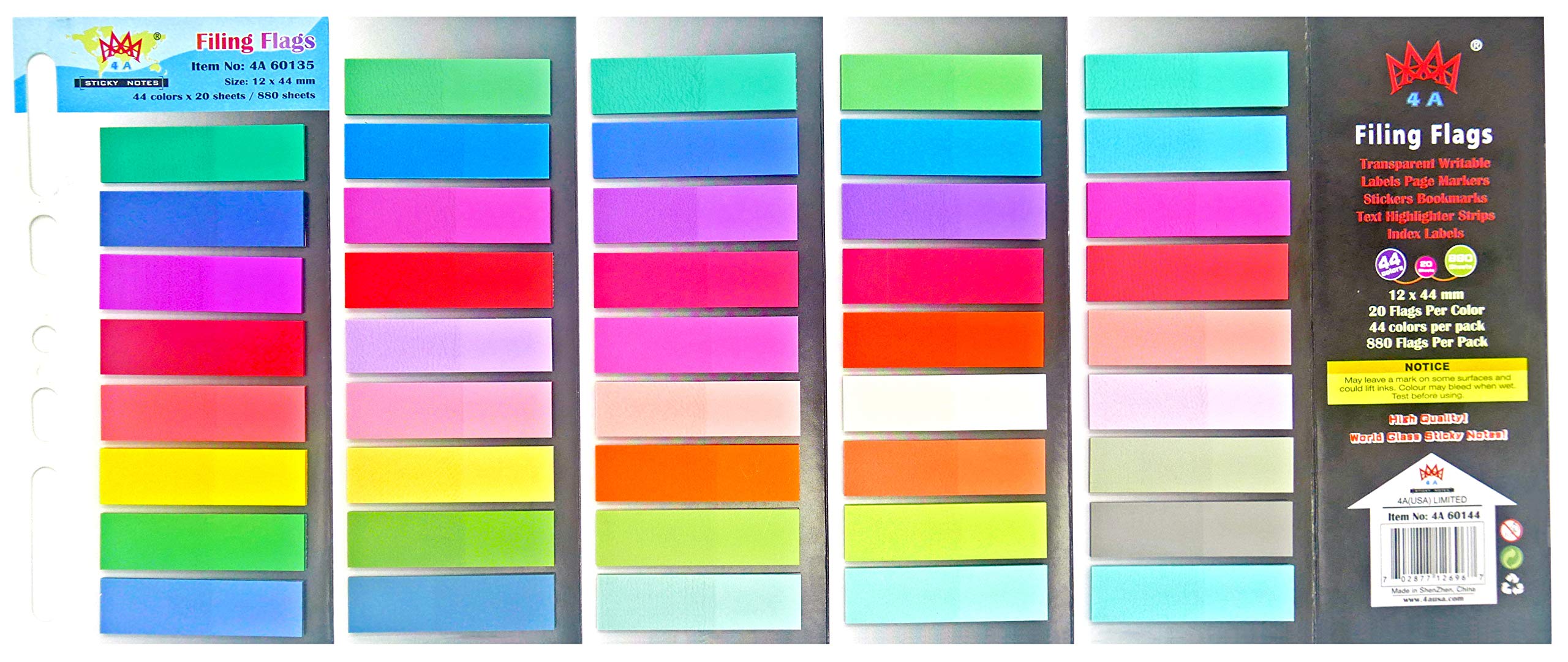 4A Zestaw flag samoprzylepnych, 44 różne kolory, znacznik stron, fluorescencyjna etykieta indeksu kolorów, przezroczyste zakładki flagi, paski tekstowe, etykiety do zapisywania 12 x 44 mm, łącznie