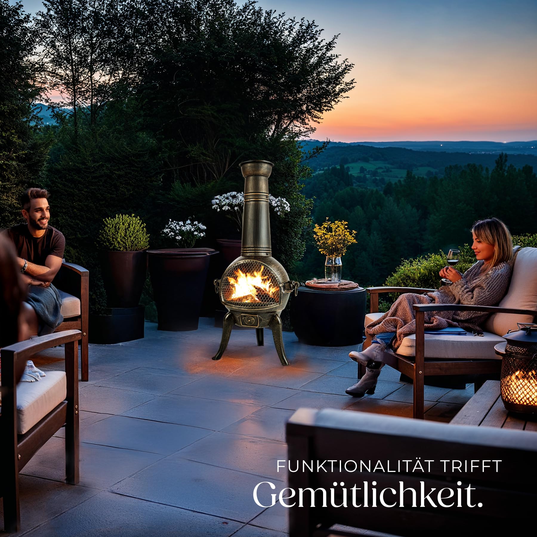 tectake® Vintage Outdoor Terrassenofen, Gartenofen aus Gusseisen, Raketenofen, Aztekenofen mit Funkenschutz, Grill Rost und Schürhaken, Gartendeko Kamin, Deko für Terrassen oder Balkon, Kaminofen