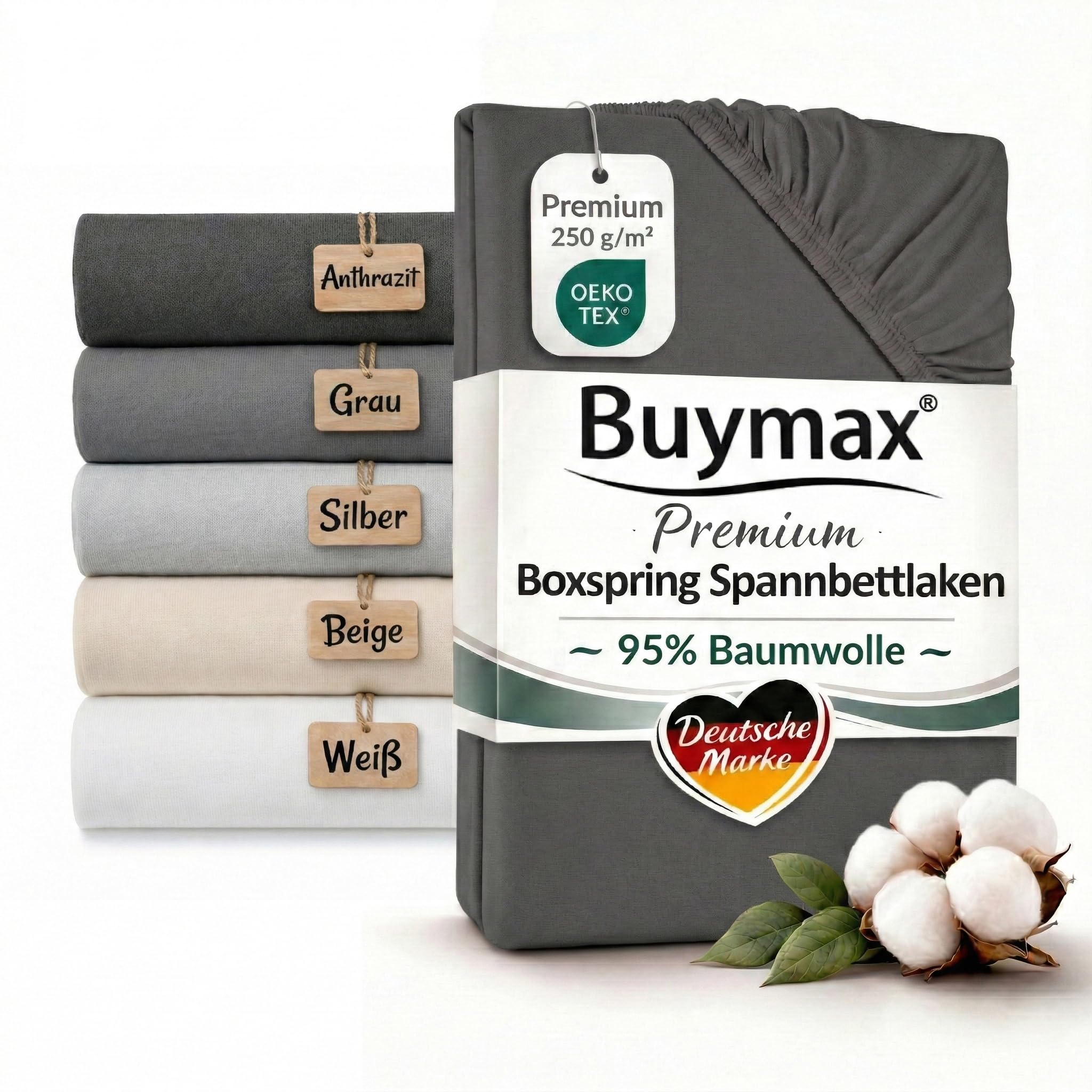 Buymax Boxspringbett Spannbettlaken 140x200 bis 160x220 cm Anthrazit – Premium Jersey 250 g/m² – 95% Baumwolle 5% Elastan – bis 35 cm Matratzenhöhe