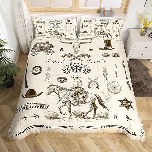 Juego de funda de edredón de vaquero para niños, tamaño matrimonial, juego de ropa de cama tribal bohemio exótico de 3 piezas para niños,