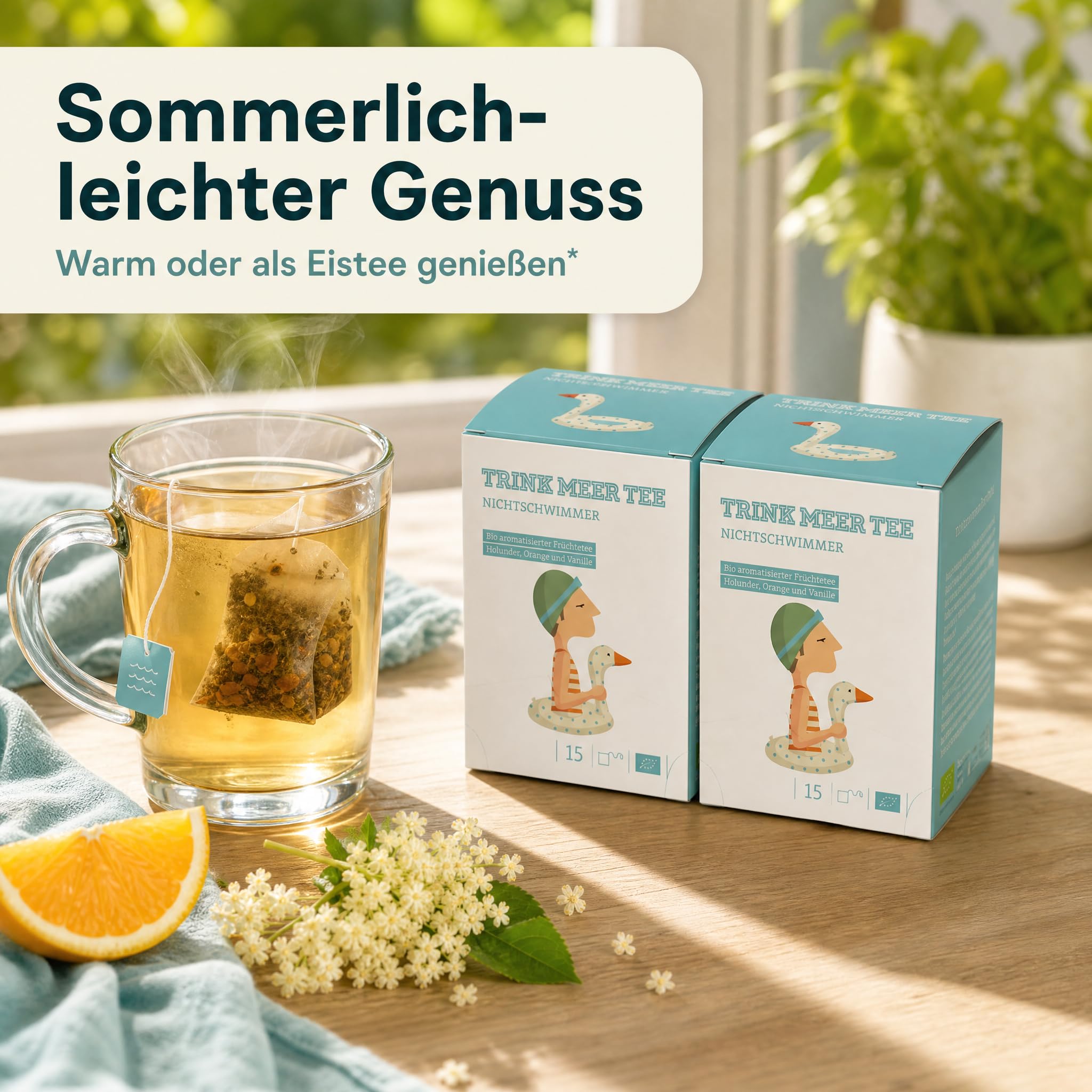 6 x Trink Meer Tee Früchtetee Nichtschwimmer, aromatisiert mit Holunder, Orange und Vanille, handgenähte Kissenbeutel, koffeinfrei, vegan und glutenfrei, zertifiziert, 30 Kissenteebeutel