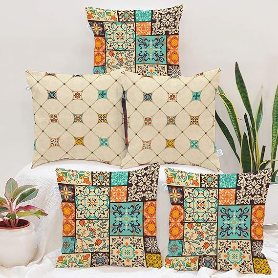 STITCHNEST Ethnic Art Box Printed Cotton Canvas Cushion Cover, Set of 5 (16 X 16 Inches)