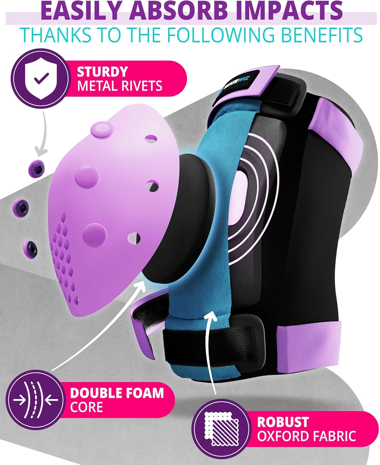 SKATEWIZ Skateboard Pads Protective Gear Set for Kids and Adults - Smash - Roller Skate Pads [6pc] with Wrist Guards - Skating Protective Gear - Roller Derby