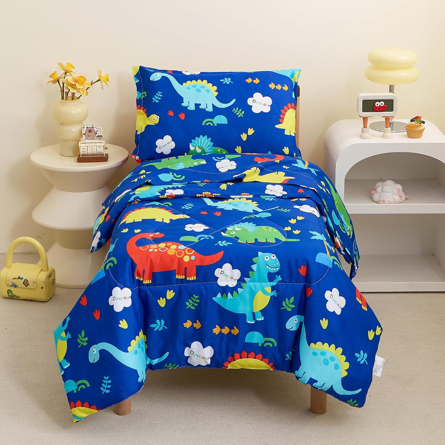 Caressma Navy Toddler Bedding Set, Bed in A Bag Toddler Comforter Set - Cute Dinosaurs Print 4 Pieces Bed Set for Boys, Includes Comforter, Fitted Sheet, Flat Sheet & Pillow Case