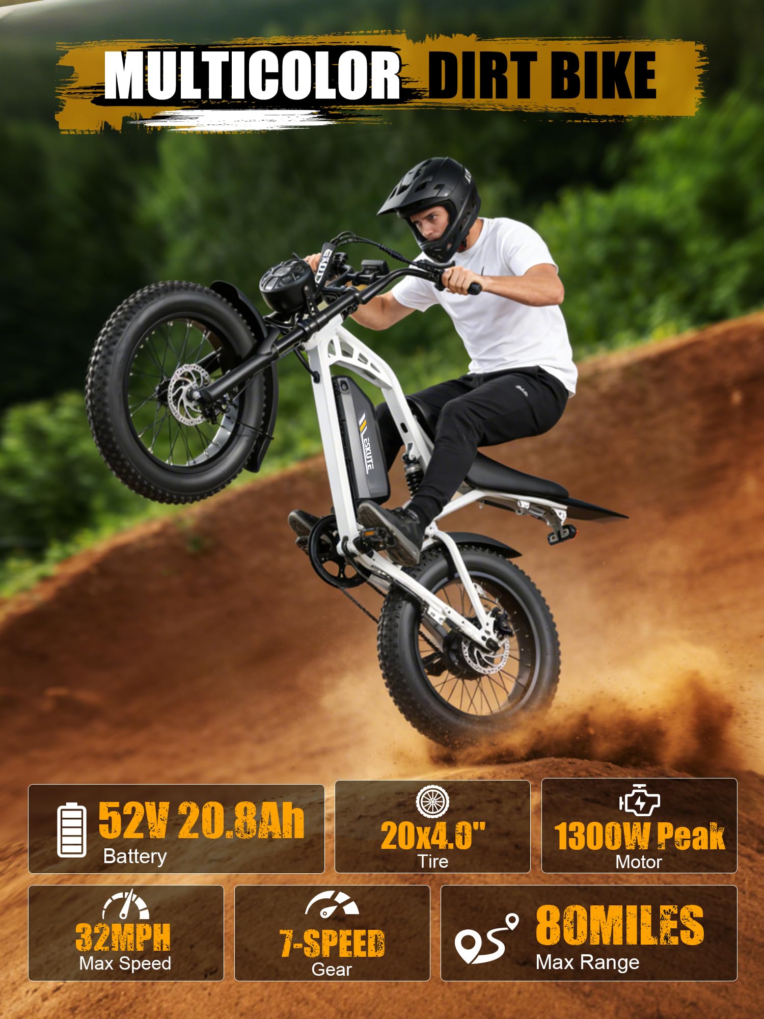 Elecby Electric Dirt Bike Adults, 1300W Peak 52V20.8Ah ebike, 20+MPH 20" x4.0 Fat Tire, Streamlined E-Motorcycle with 7 Speeds for Youths, V200，White with Rear Rack + Footrests