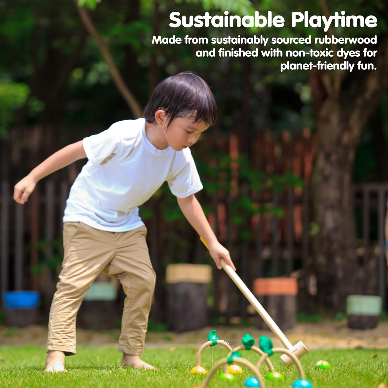 PlanToys® Croquet Wooden Outdoor Game for Kids | Montessori Activity for Coordination, Strategy & Team Play | Eco-Friendly Educational Lawn Game