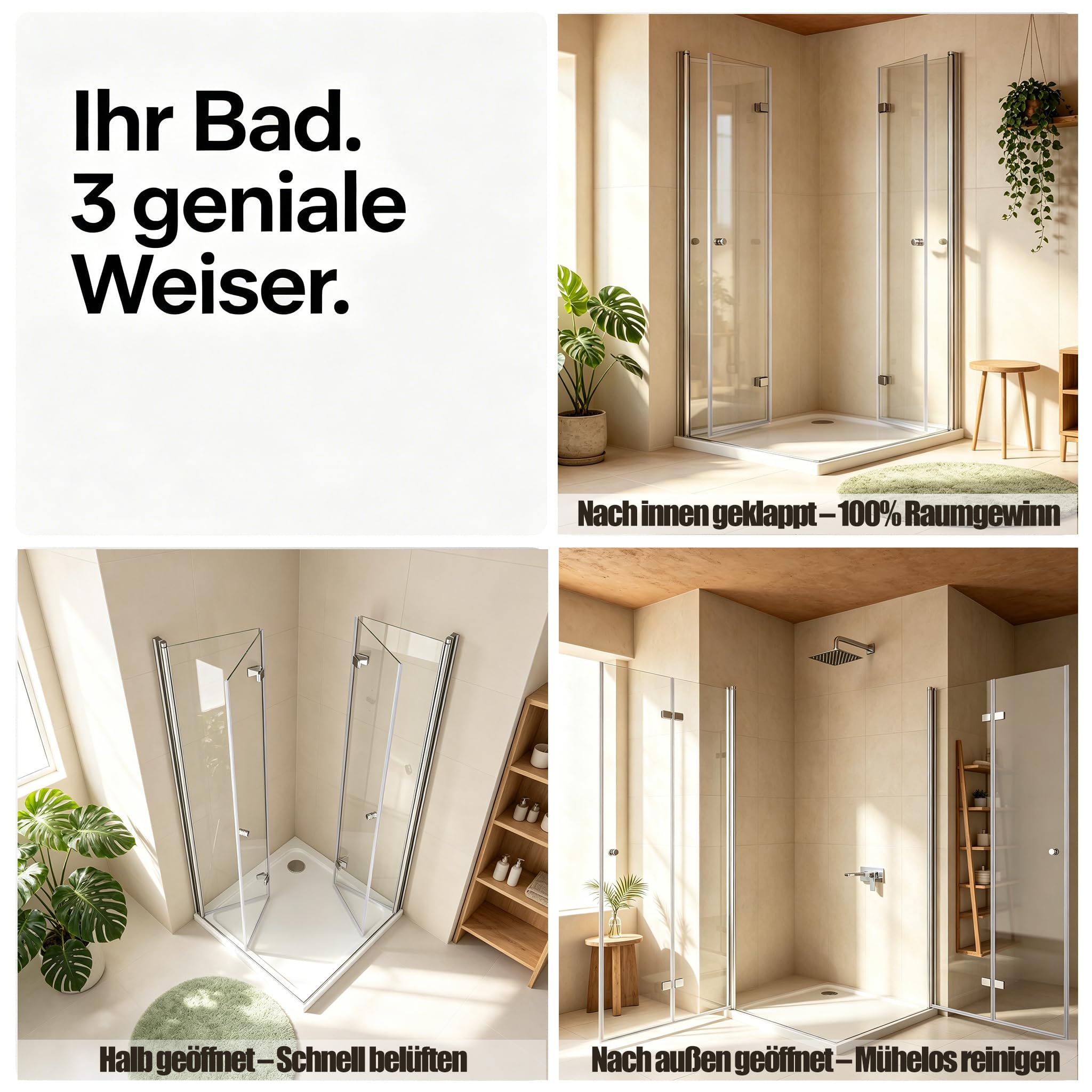Duschkabine Falttür 90x90 cm Eckeinstieg, 185cm Höhe, mit doppelten faltbaren Duschtüren aus 6 mm ESG-Glas für Dusche, 180º Duschabtrennung Faltbar, ohne Duschtasse