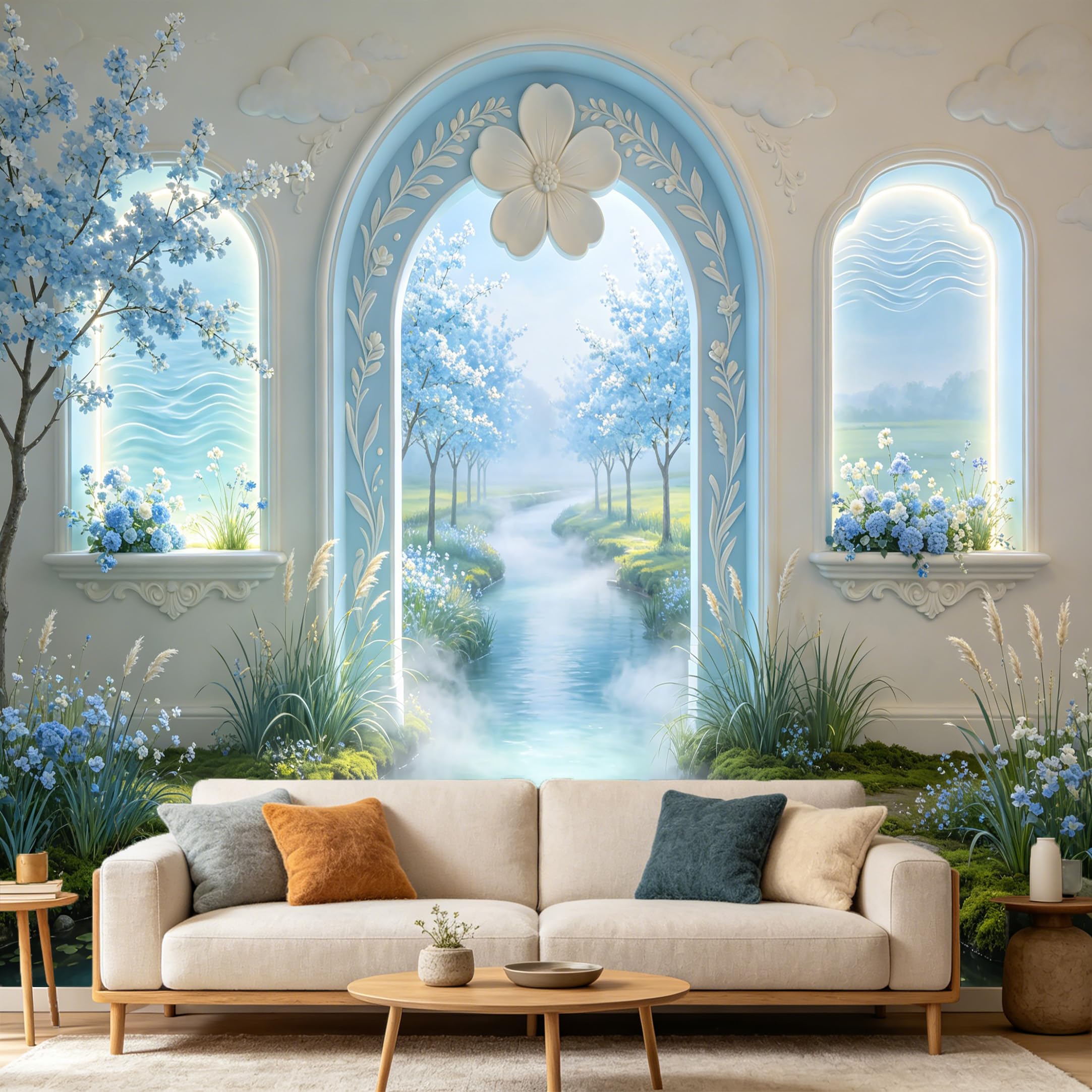 Custom Size Wall Mural， 3D Trompe L'Oeil Scenic Blue River Archway Botanical Landscape， SelfAdhesive Art Prints wall Fabric Removable Large Wallpaper Home Living Room Decor
