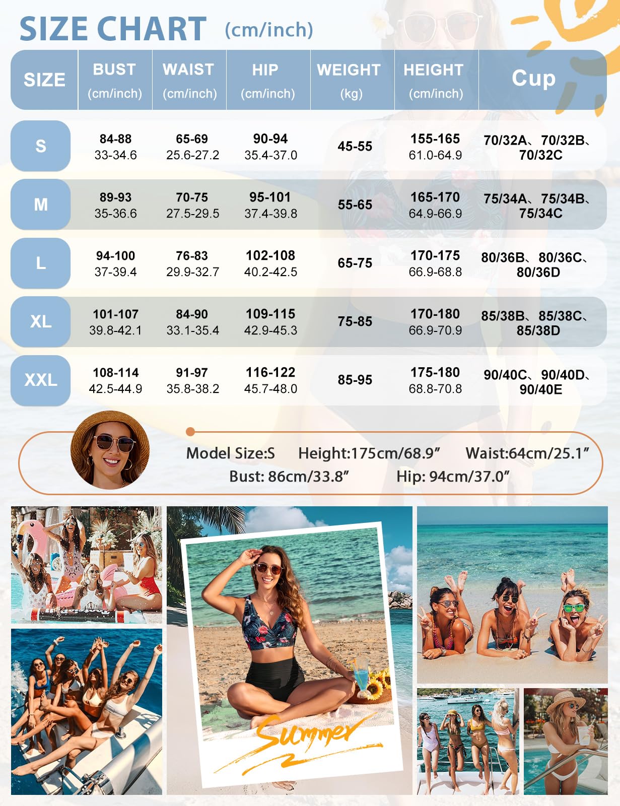 CMTOP Zestawy bikini dla kobiet UK kontrola brzucha zestaw bikini z wysokim stanem wyściełany kostium kąpielowy push up z dekoltem w serek stroje kąpielowe dwuczęściowe marszczone stroje kąpielowe