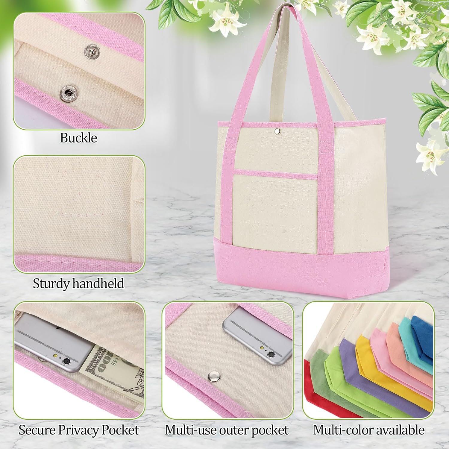 Sanwuta 9 Pcs Canvas Tote Bags Bulk with Outer Pocket 18‘' Reusable Grocery Shopping Blank Tote Bag for Women