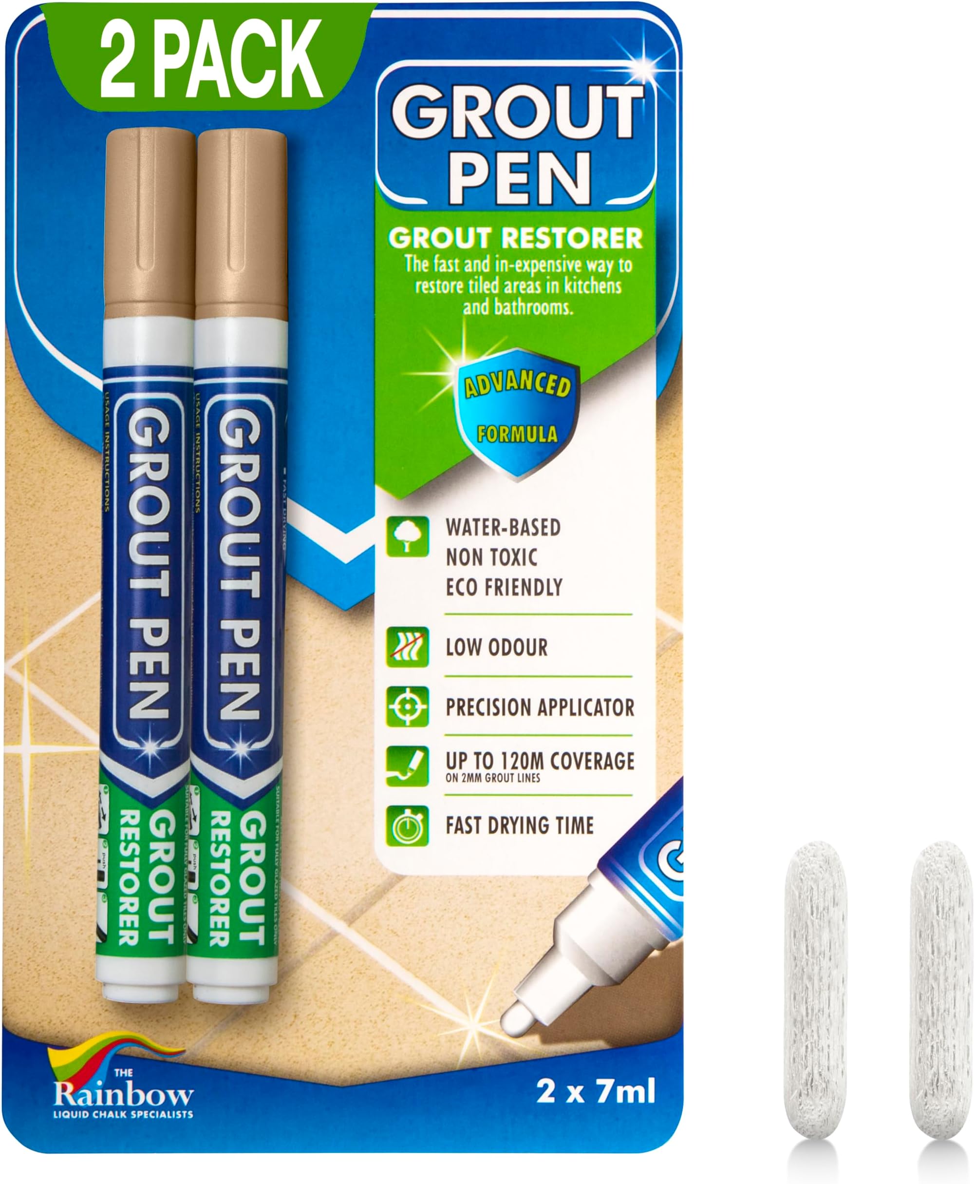 Twin Pack (BEIGE) Grout Pen - Designed for restoring tile grout in bathrooms & kitchens